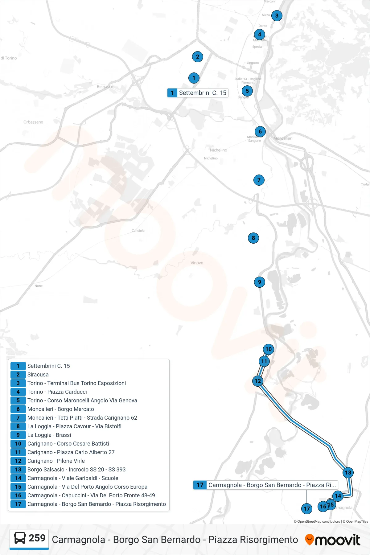 Linea 259  bus (Carmagnola - Borgo San Bernardo - Piazza Risorgimento) - Percorsi e fermate sulla mappa