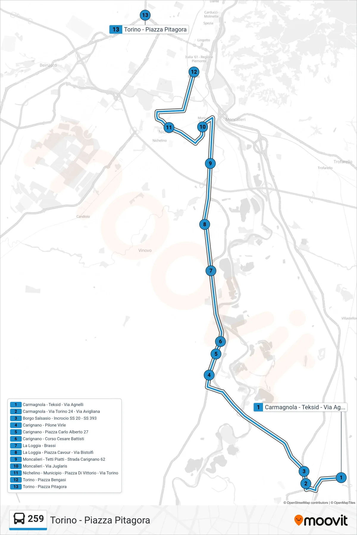 Linea 259 bus (Torino - Piazza Pitagora) - Percorsi e fermate sulla mappa