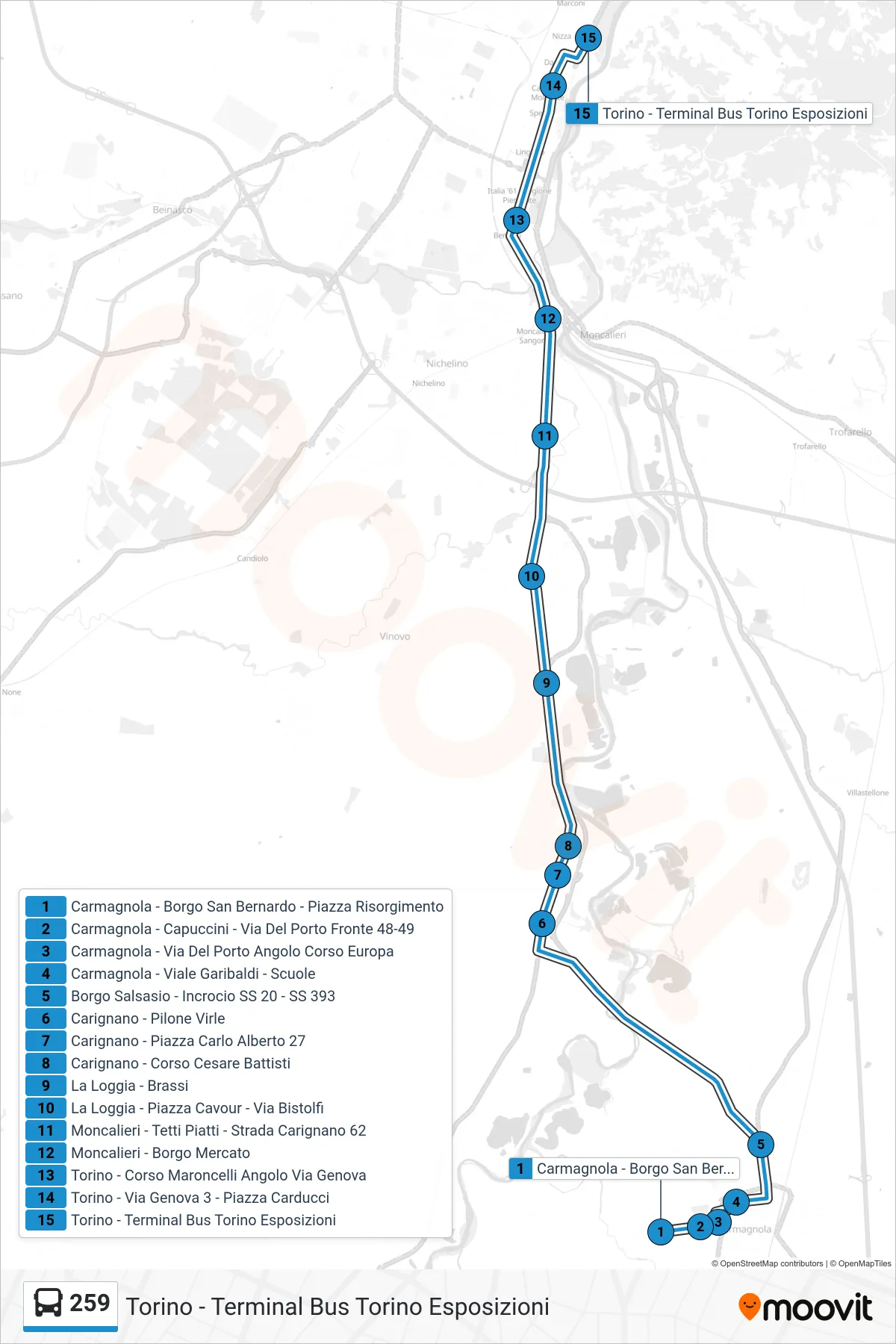 Linea 259 bus (Torino - Terminal Bus Torino Esposizioni) - Percorsi e fermate sulla mappa