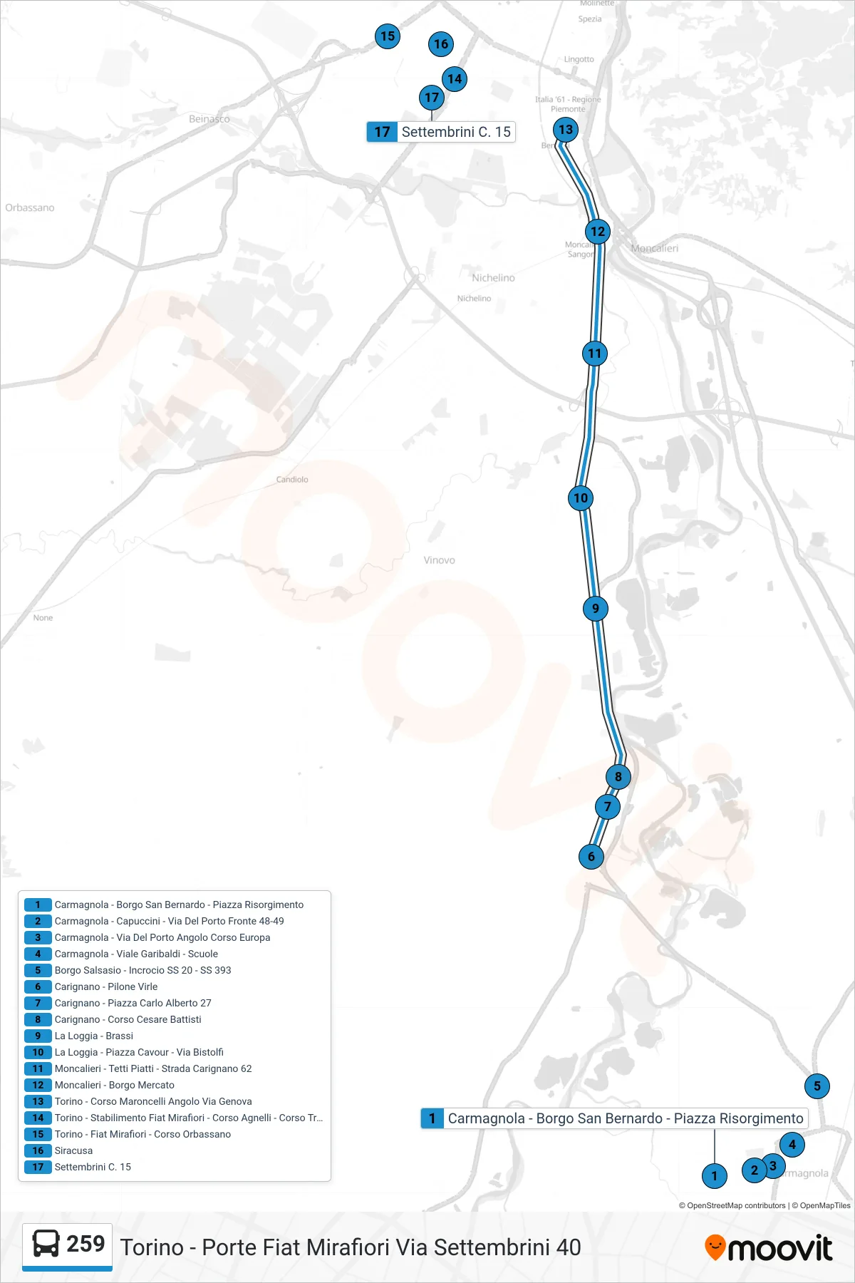 Linea 259 bus (Torino - Porte Fiat Mirafiori Via Settembrini 40) - Percorsi e fermate sulla mappa