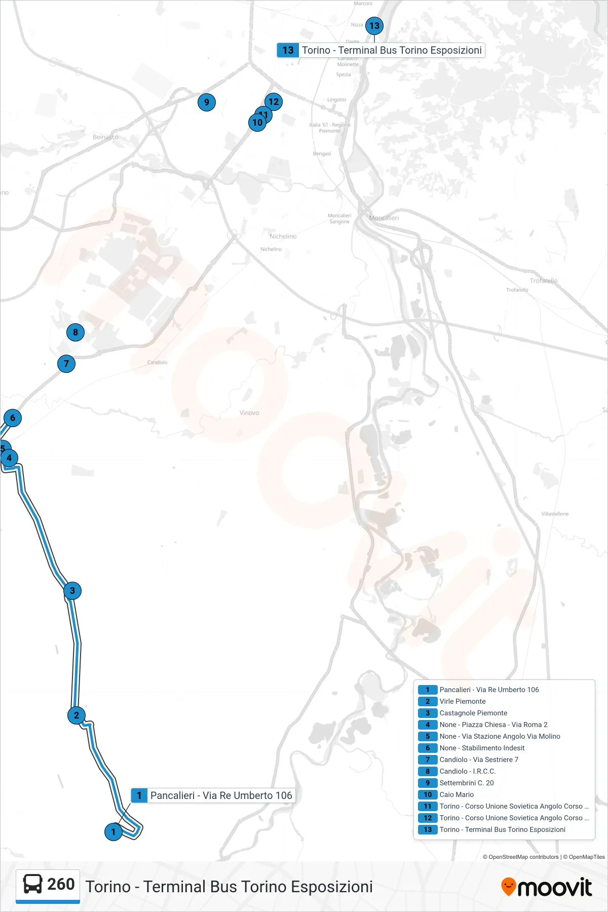 Linea 260  bus (Torino - Terminal Bus Torino Esposizioni) - Percorsi e fermate sulla mappa