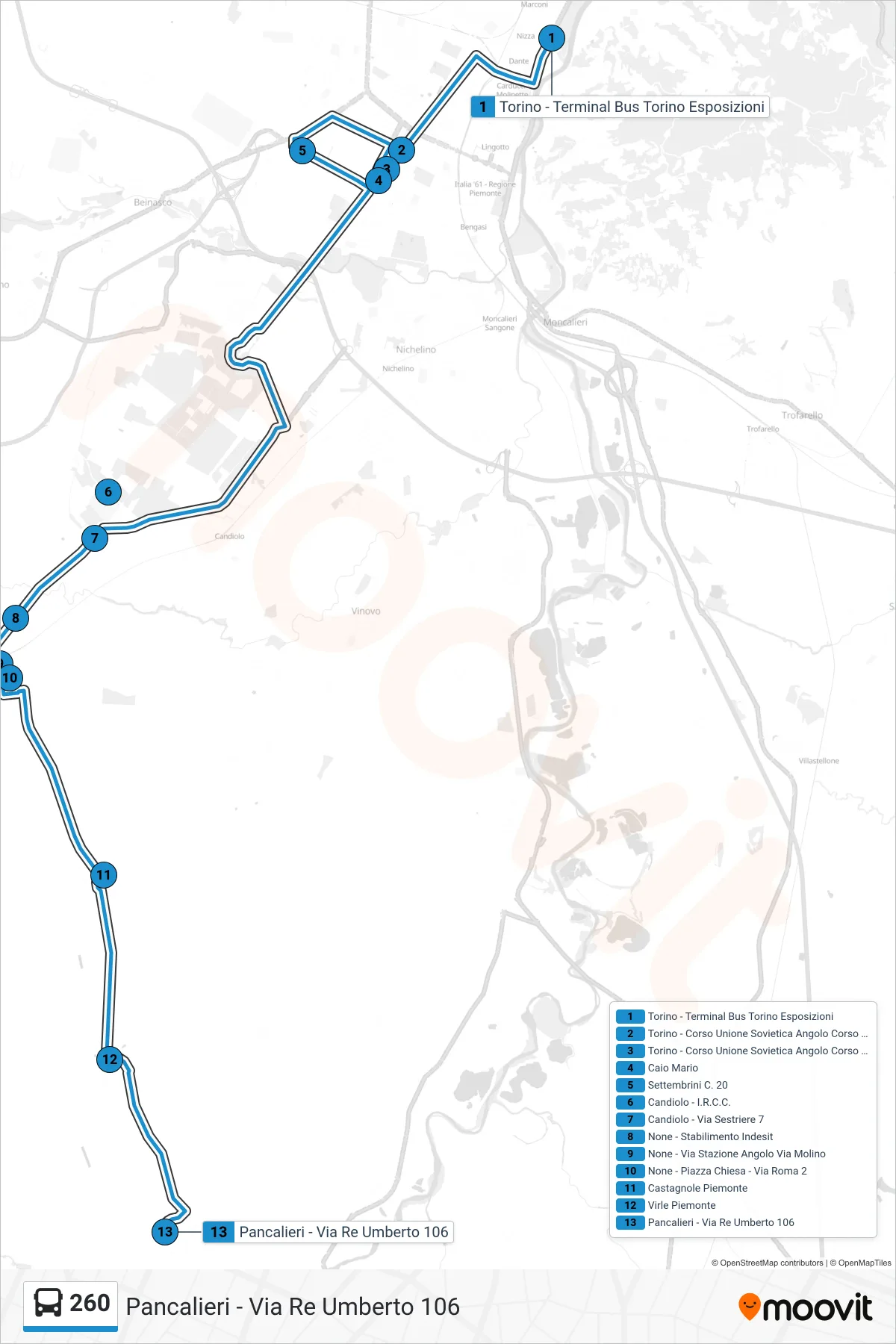 Linea 260 bus (Pancalieri - Via Re Umberto 106) - Percorsi e fermate sulla mappa