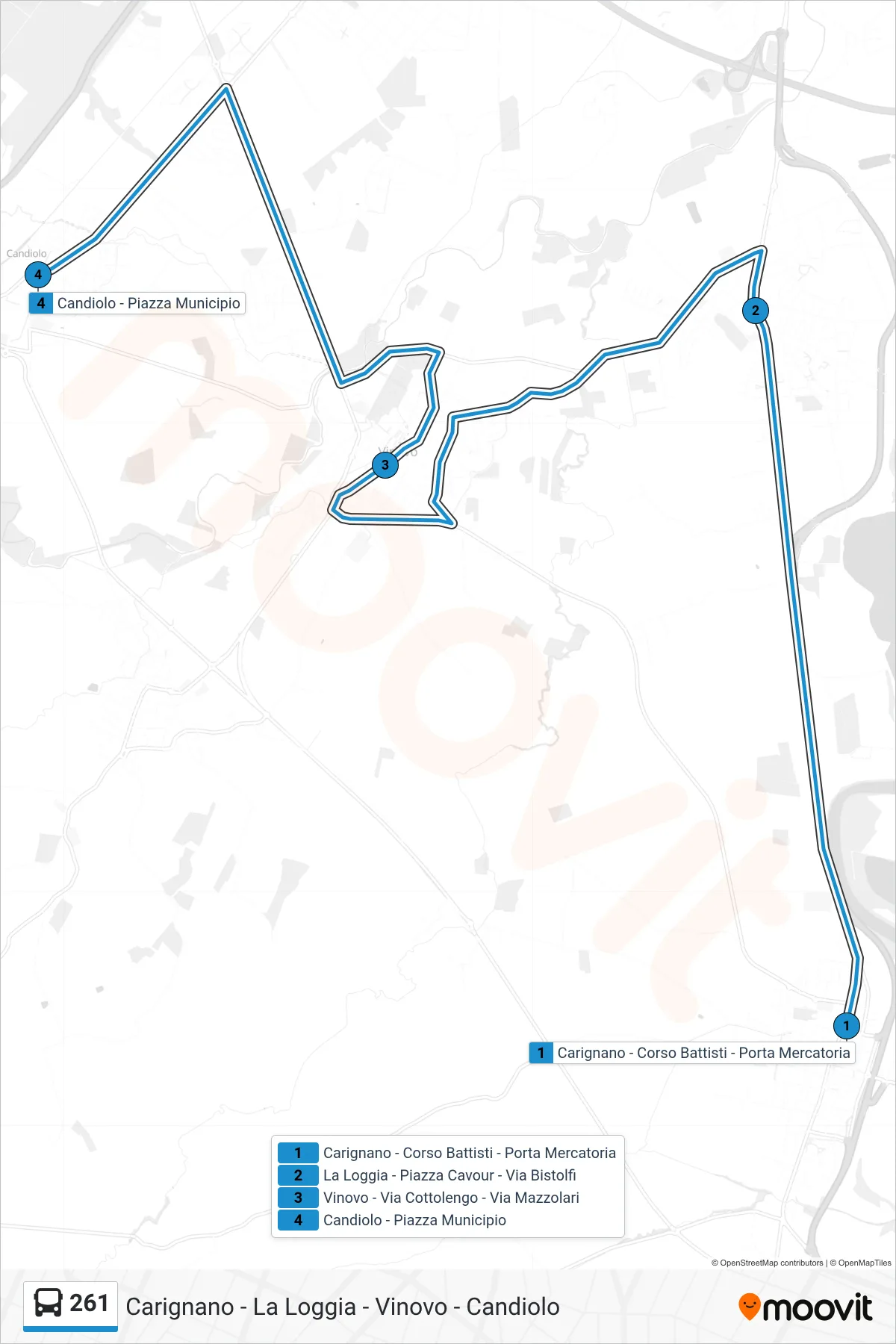 Linea 261 bus (Candiolo - Piazza Municipio) - Percorsi e fermate sulla mappa