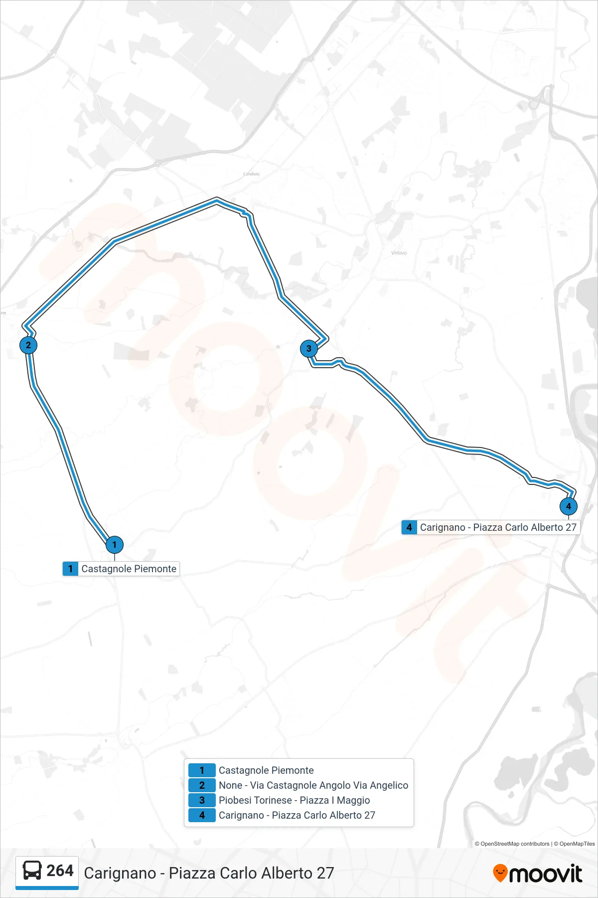 Linea 264  bus (Carignano - Piazza Carlo Alberto  27) - Percorsi e fermate sulla mappa