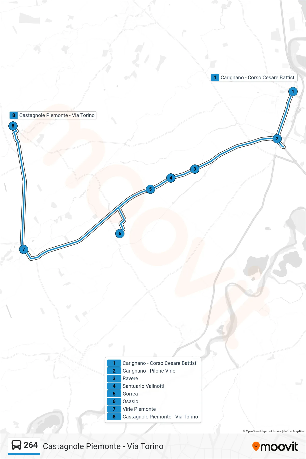 Linea 264  bus (Castagnole Piemonte - Via Torino) - Percorsi e fermate sulla mappa