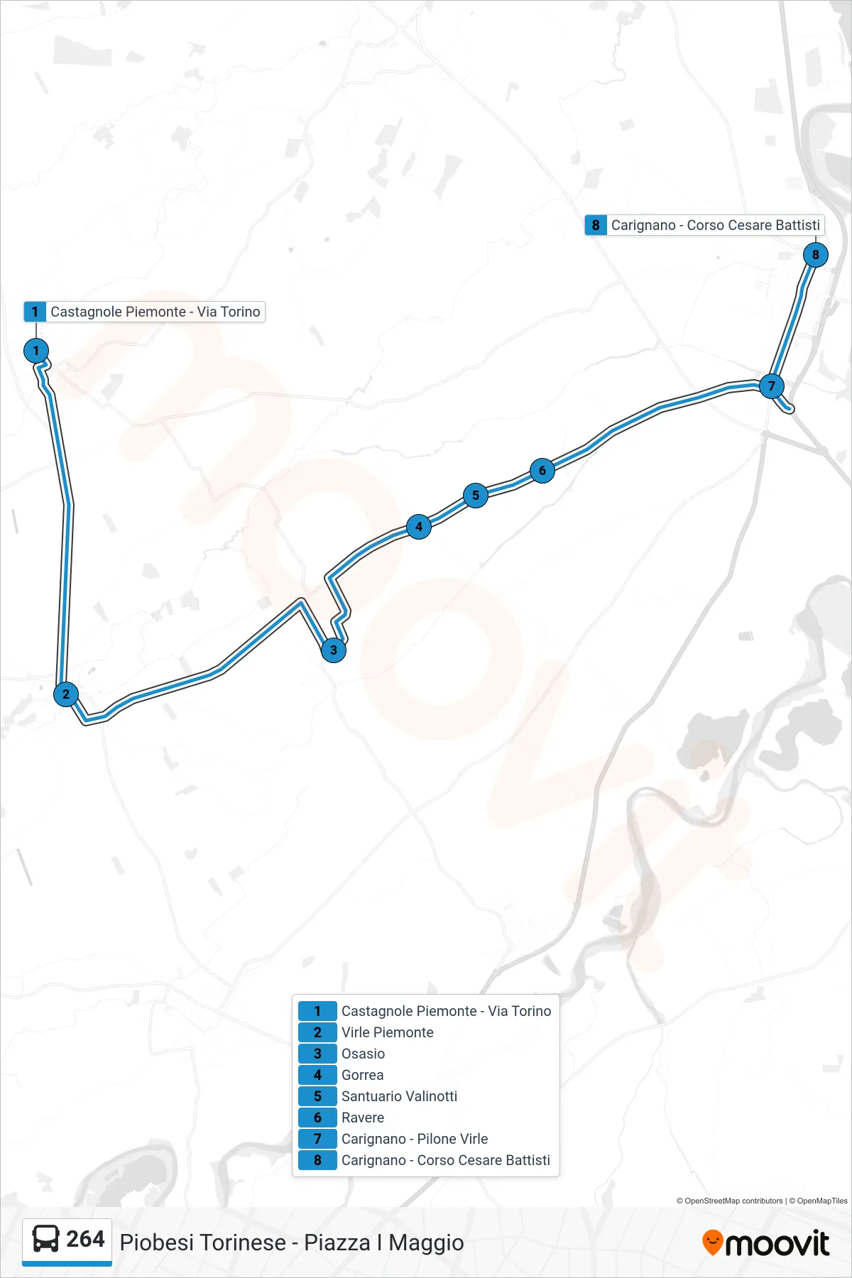 Linea 264  bus (Piobesi Torinese - Piazza I Maggio) - Percorsi e fermate sulla mappa