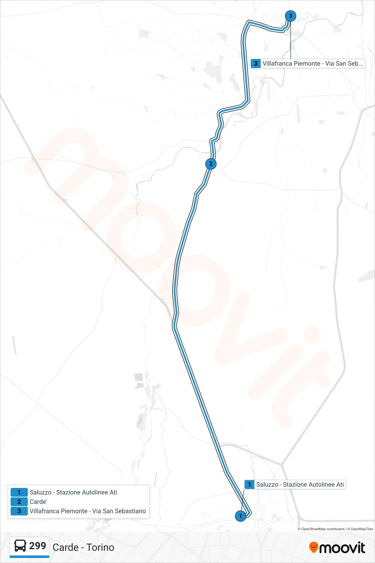 Linea 299 bus (Villafranca Piemonte - Via San Sebastiano) - Percorsi e fermate sulla mappa