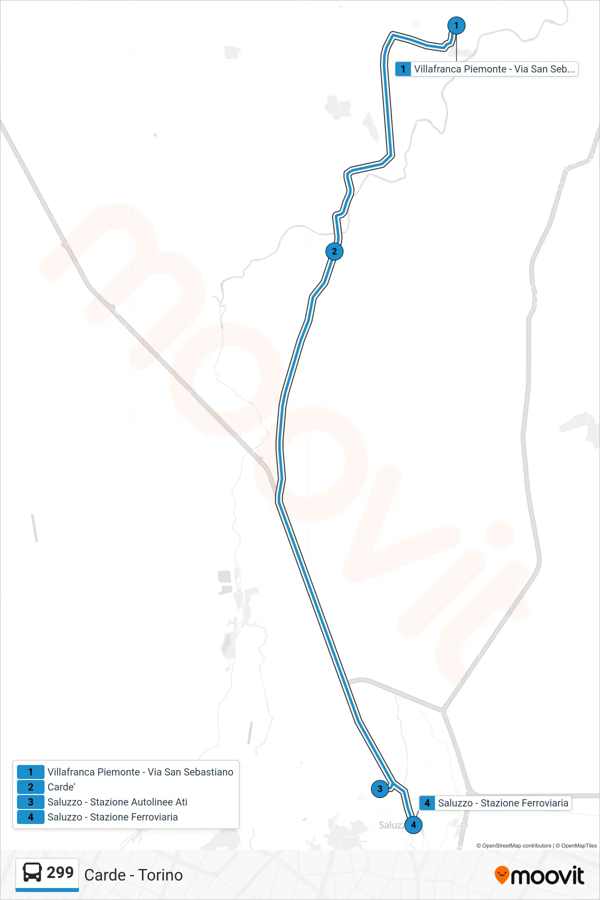 Linea 299 bus (Saluzzo - Stazione Ferroviaria) - Percorsi e fermate sulla mappa