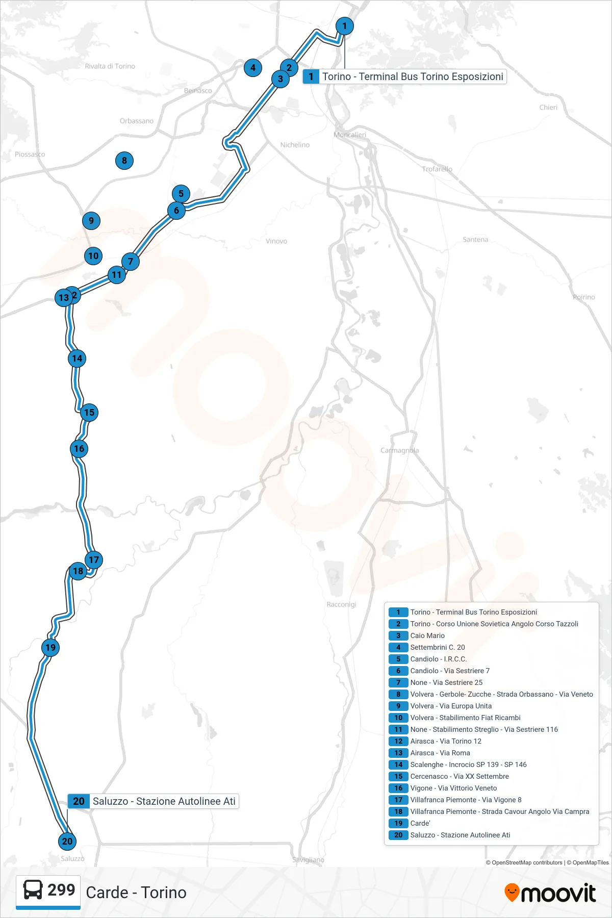 Linea 299 bus (Saluzzo - Stazione Autolinee Ati) - Percorsi e fermate sulla mappa