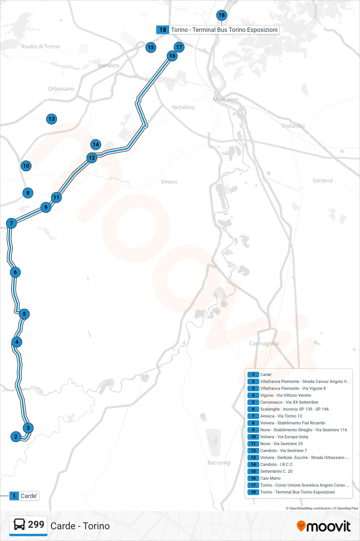 Linea 299  bus (Torino - Terminal Bus Torino Esposizioni) - Percorsi e fermate sulla mappa