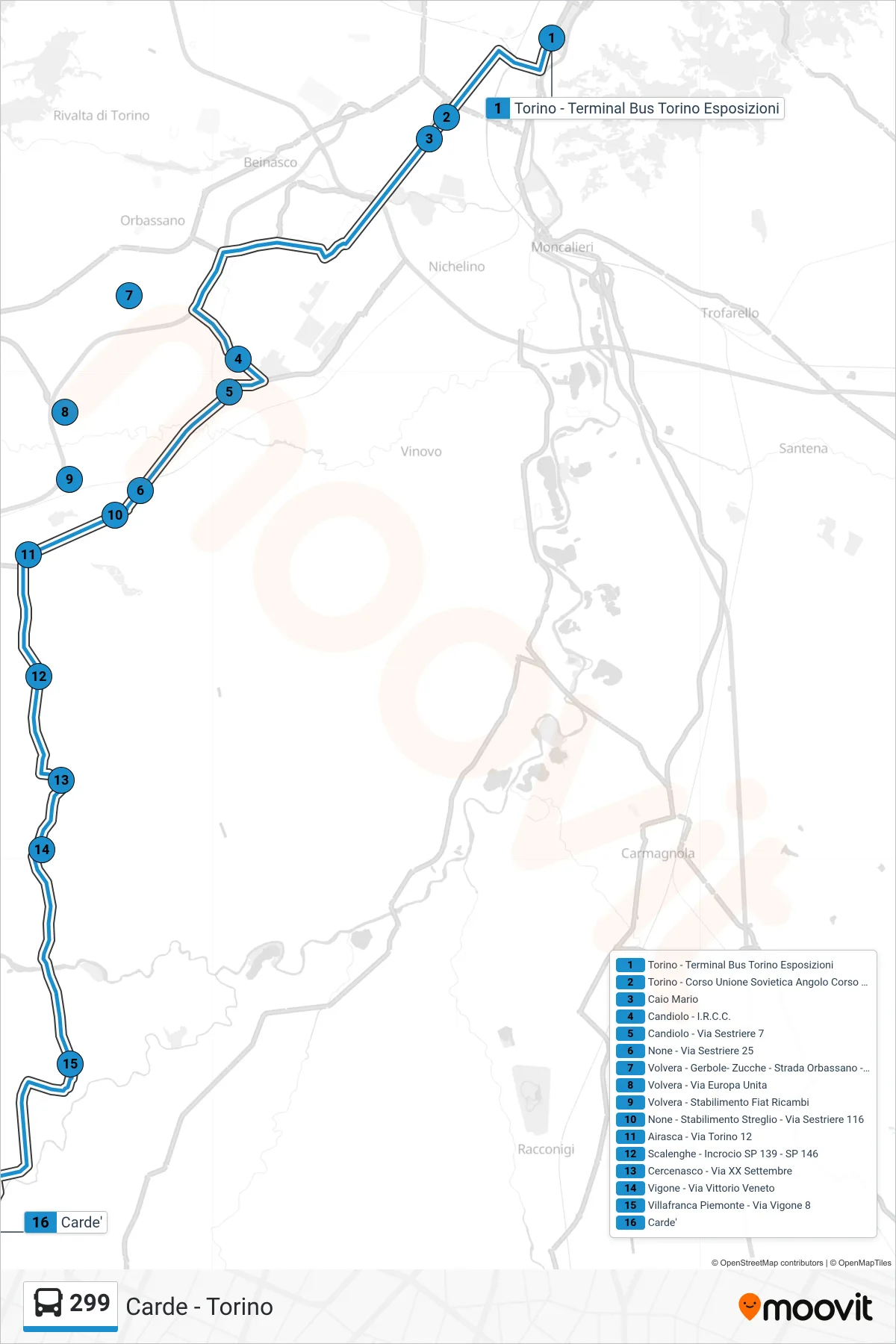 Linea 299  bus (Carde') - Percorsi e fermate sulla mappa