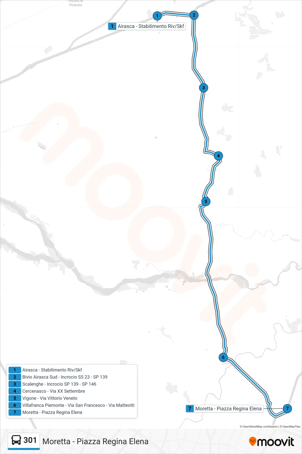Linea 301  bus (Moretta - Piazza Regina Elena) - Percorsi e fermate sulla mappa