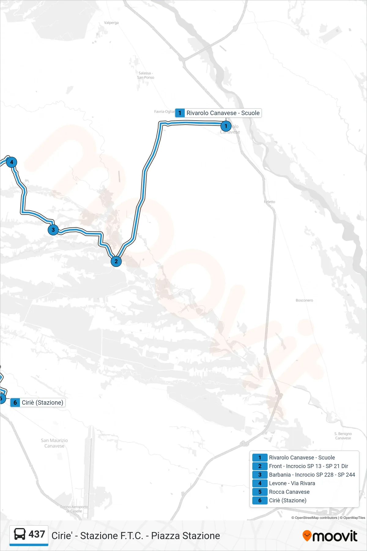 Linea 437 bus (Cirie' - Stazione F.T.C. - Piazza Stazione) - Percorsi e fermate sulla mappa