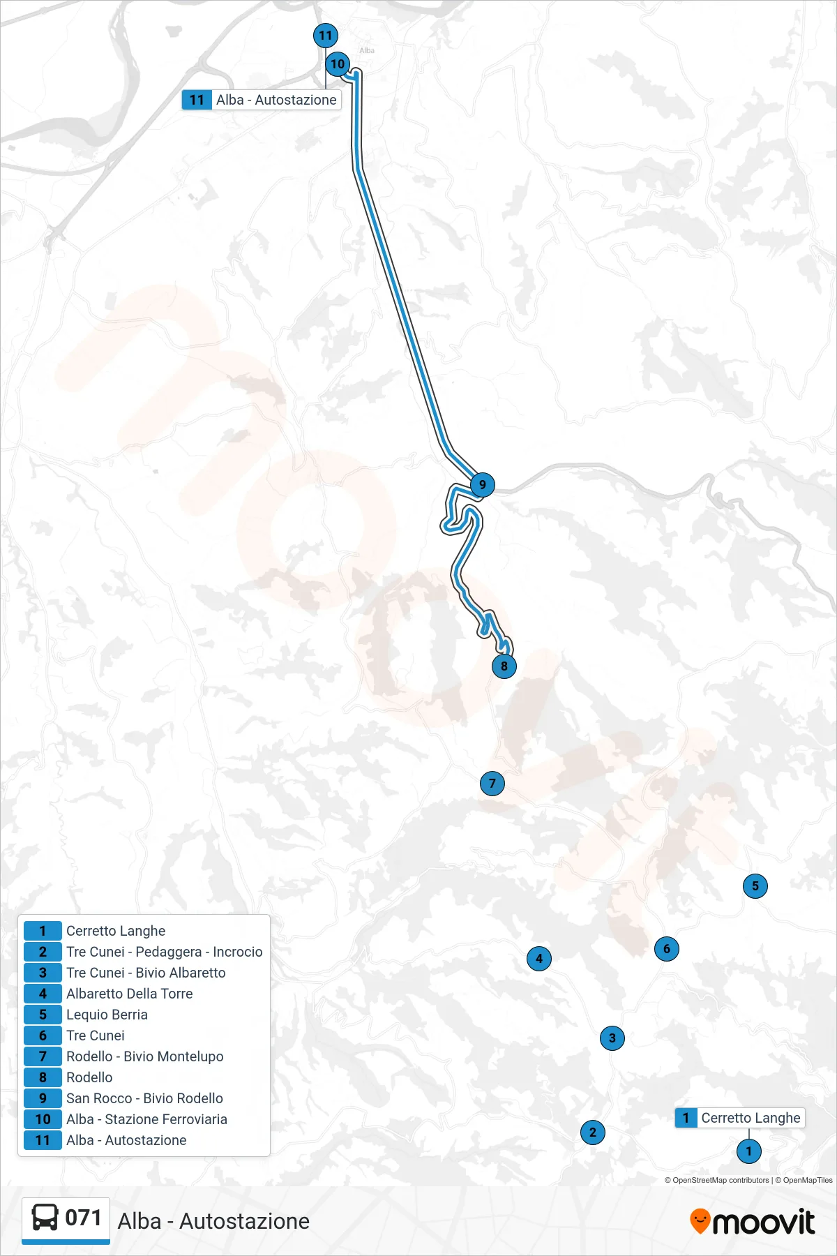 Linea 071  bus (Alba - Autostazione) - Percorsi e fermate sulla mappa