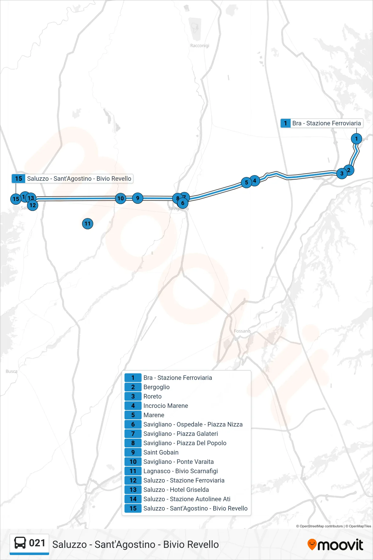 Linea 021  bus (Saluzzo - Sant'Agostino - Bivio Revello) - Percorsi e fermate sulla mappa