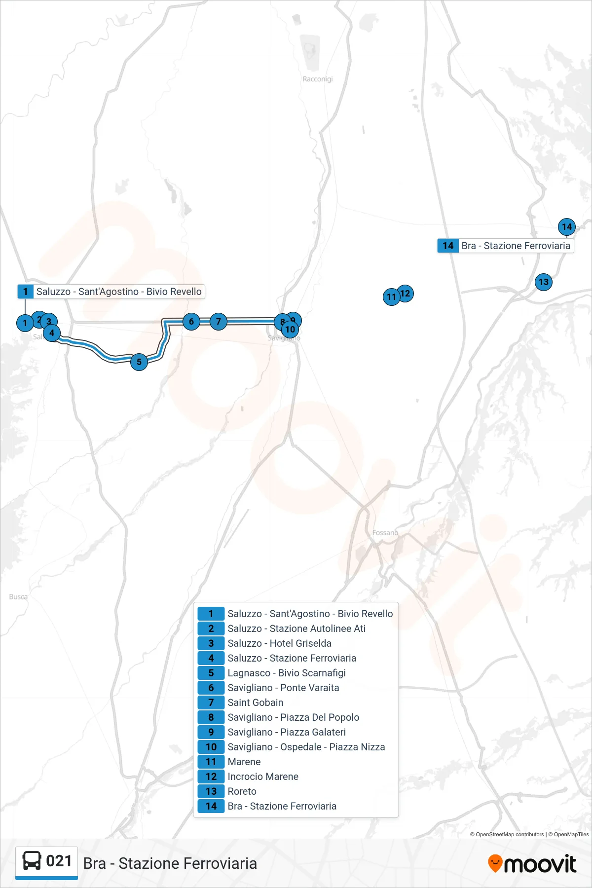 Linea 021  bus (Bra - Stazione Ferroviaria) - Percorsi e fermate sulla mappa
