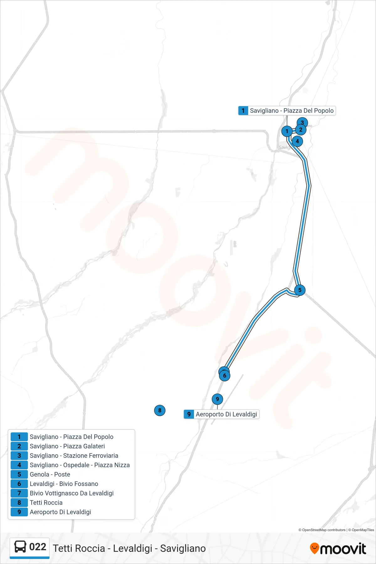 Linea 022  bus (Aeroporto Di Levaldigi) - Percorsi e fermate sulla mappa
