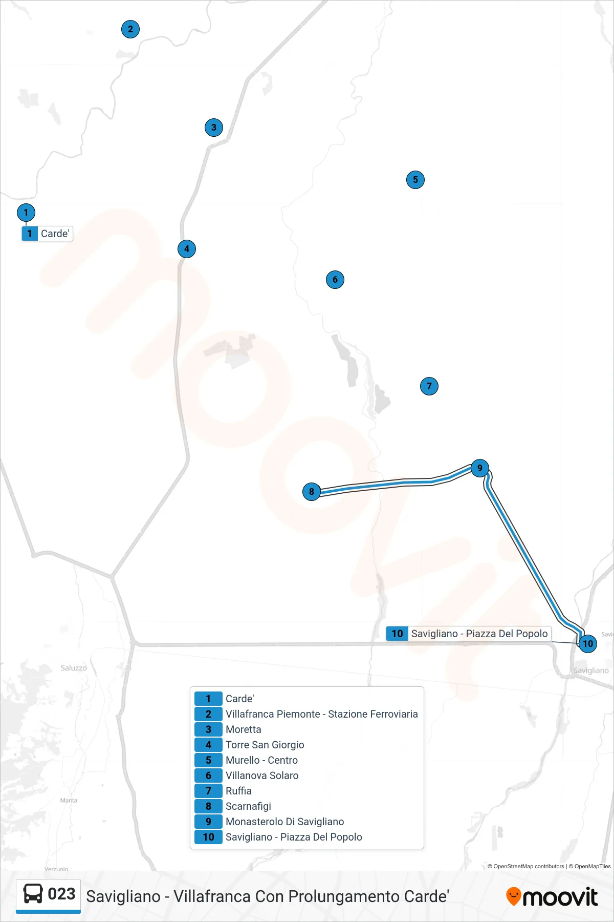 Linea 023  bus (Savigliano - Piazza Del Popolo) - Percorsi e fermate sulla mappa