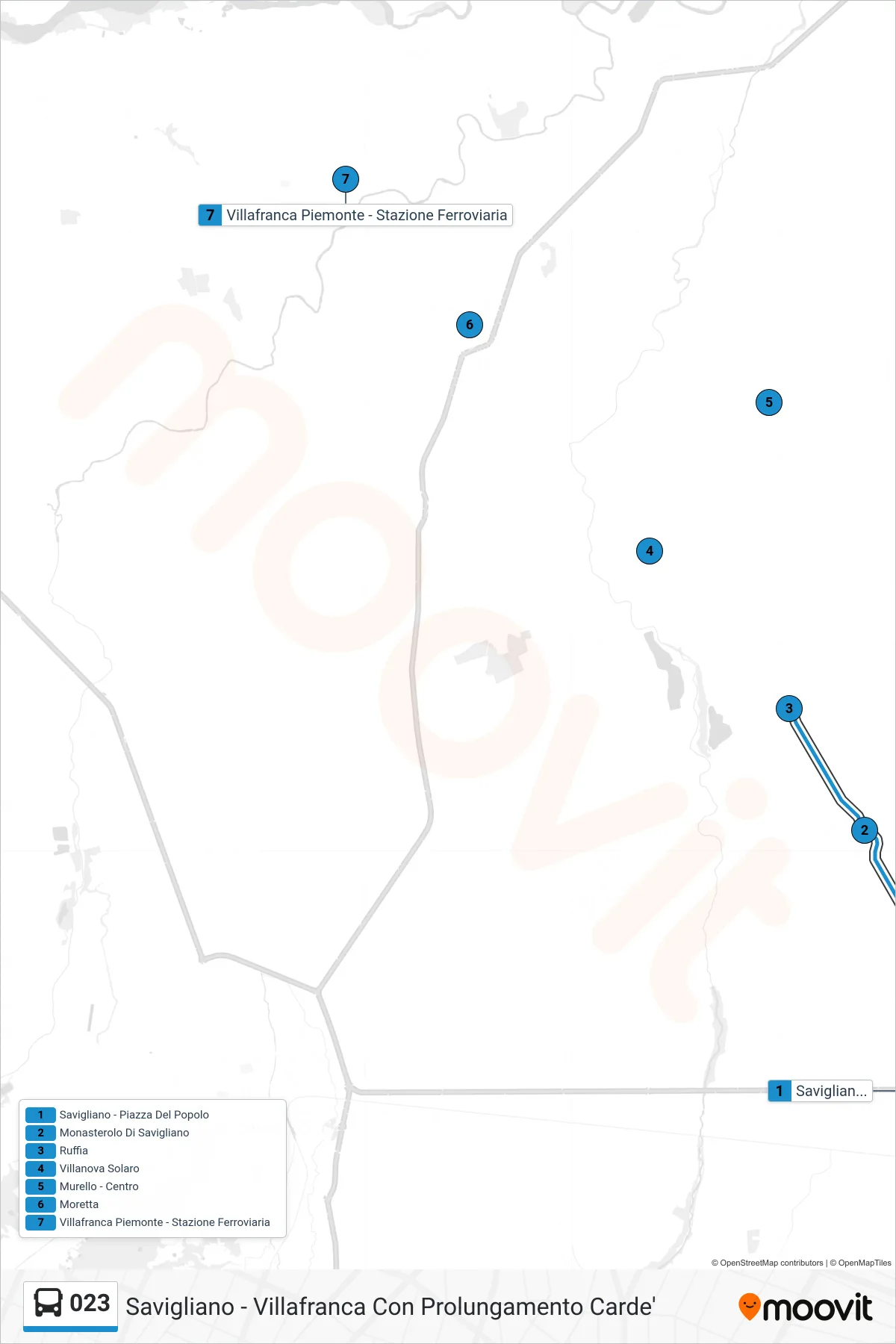 Linea 023  bus (Villafranca Piemonte - Stazione Ferroviaria) - Percorsi e fermate sulla mappa