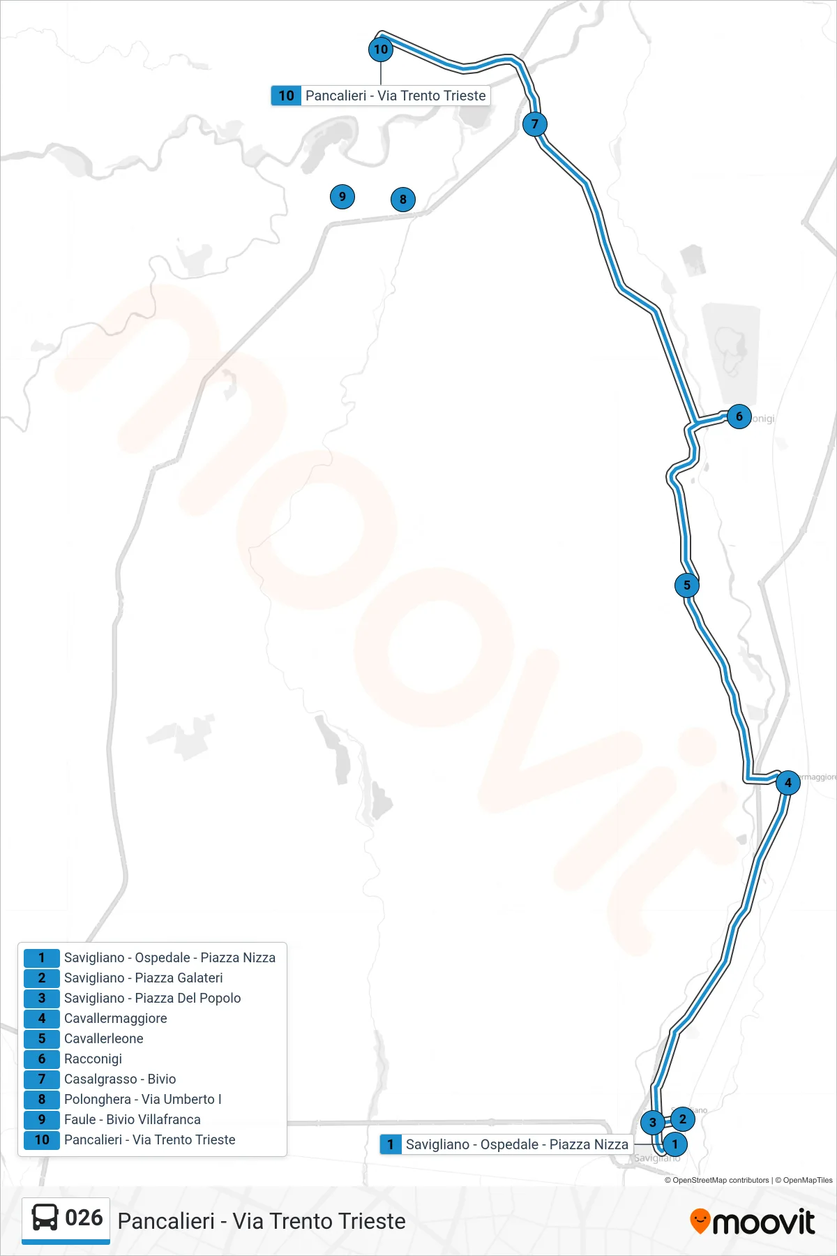 Linea 026  bus (Pancalieri - Via Trento Trieste) - Percorsi e fermate sulla mappa