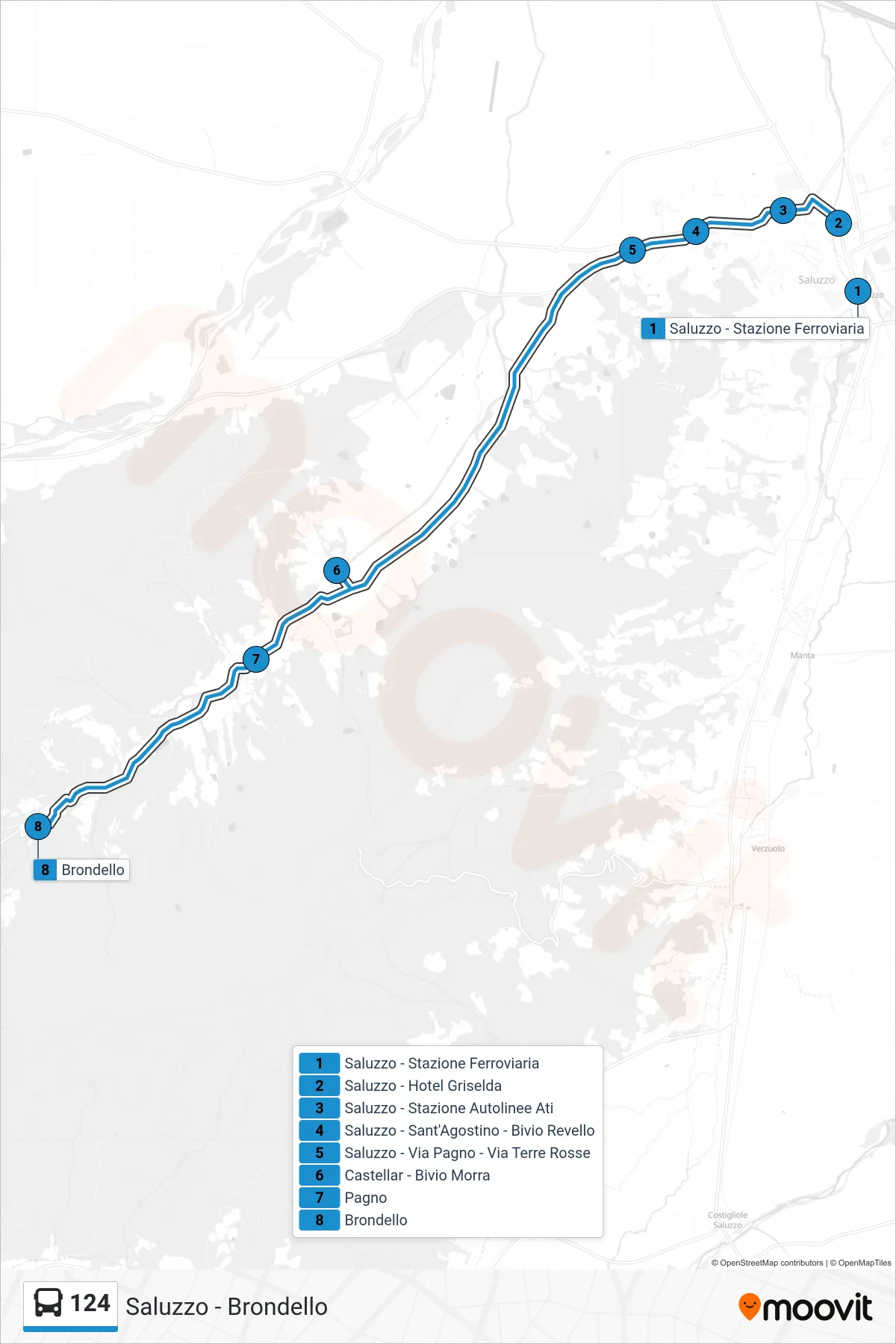 Linea 124  bus (Brondello) - Percorsi e fermate sulla mappa