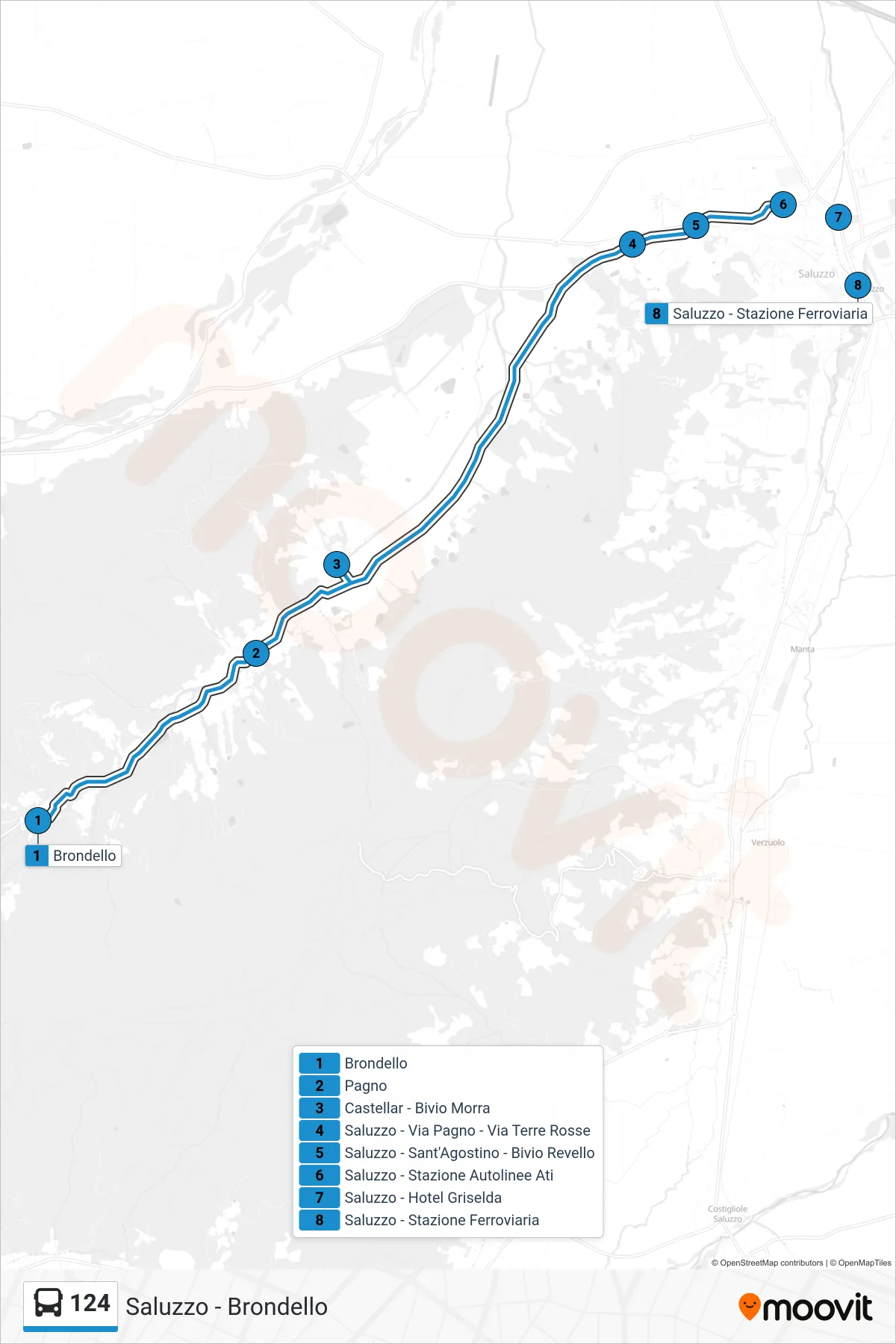 Linea 124 bus (Saluzzo - Stazione Ferroviaria) - Percorsi e fermate sulla mappa