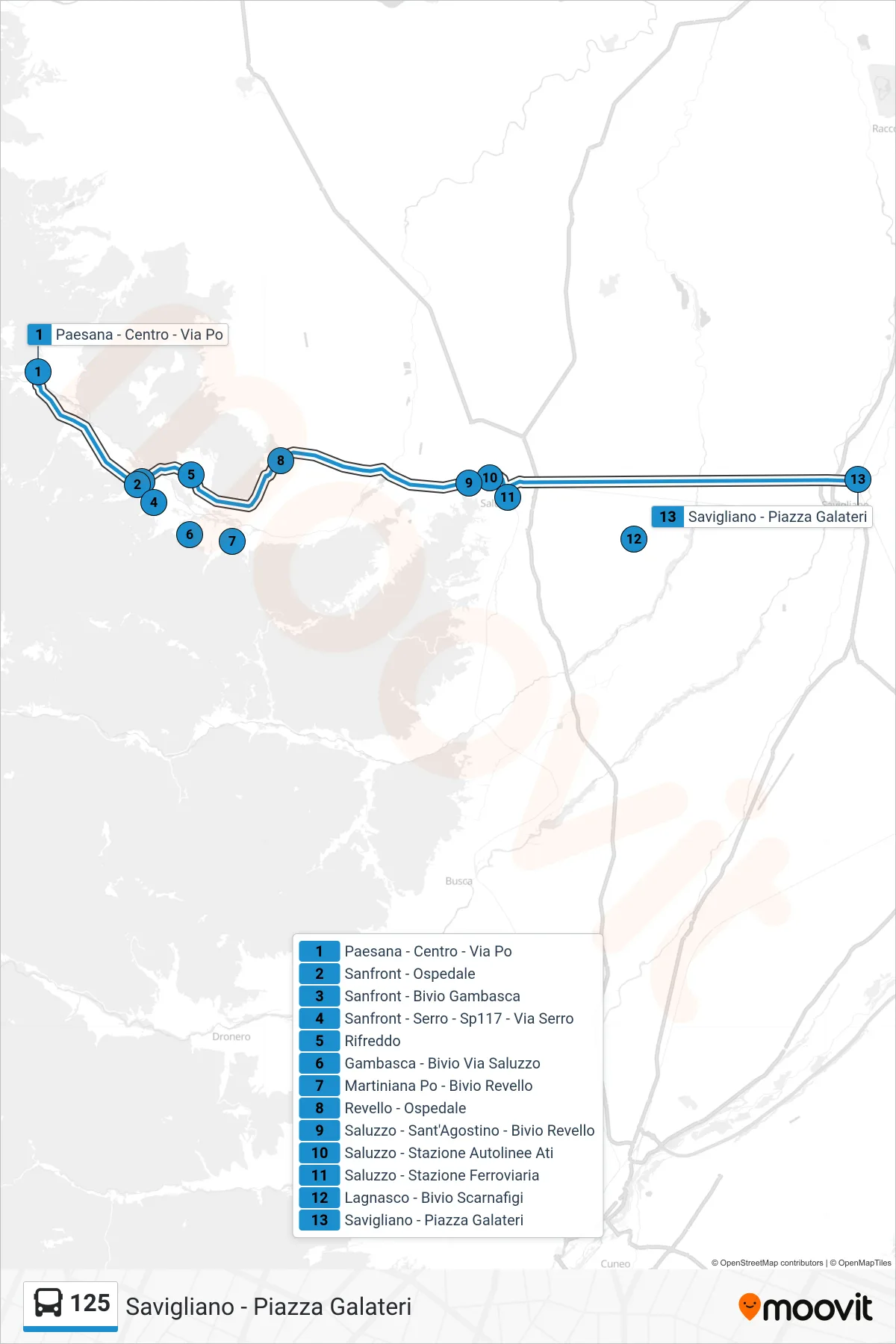 Linea 125 bus (Savigliano - Piazza Galateri) - Percorsi e fermate sulla mappa