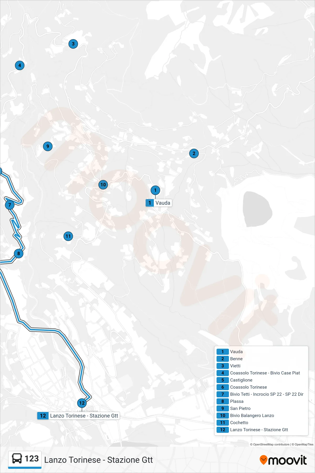 Linea 123 bus (Lanzo Torinese - Stazione Gtt) - Percorsi e fermate sulla mappa