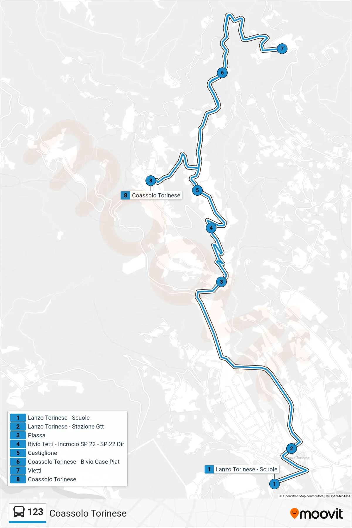 Linea 123 bus (Coassolo Torinese) - Percorsi e fermate sulla mappa