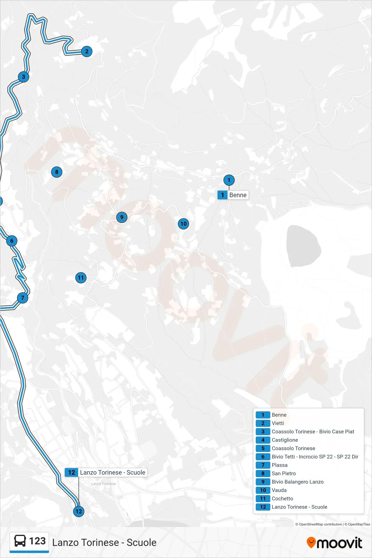 Linea 123  bus (Lanzo Torinese - Scuole) - Percorsi e fermate sulla mappa