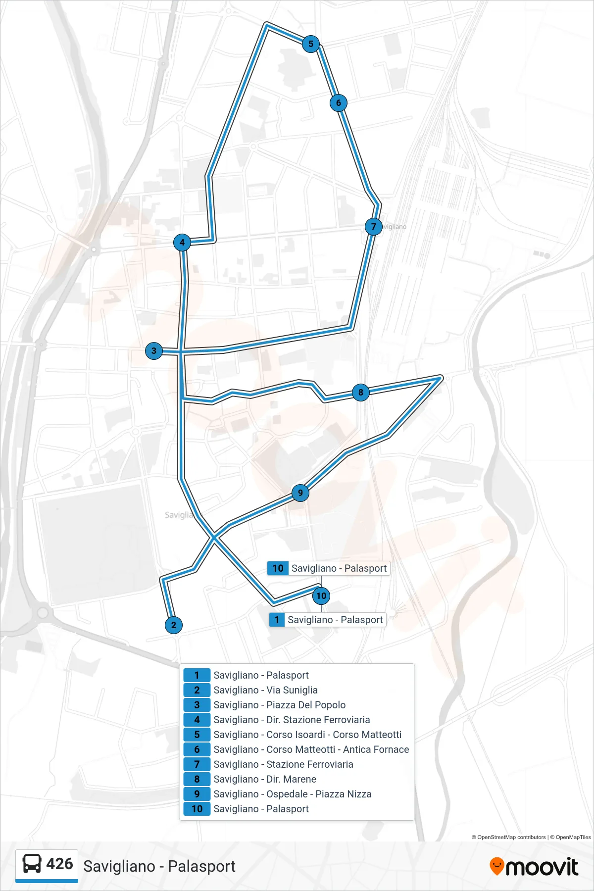 Linea 426 bus (Savigliano - Palasport) - Percorsi e fermate sulla mappa