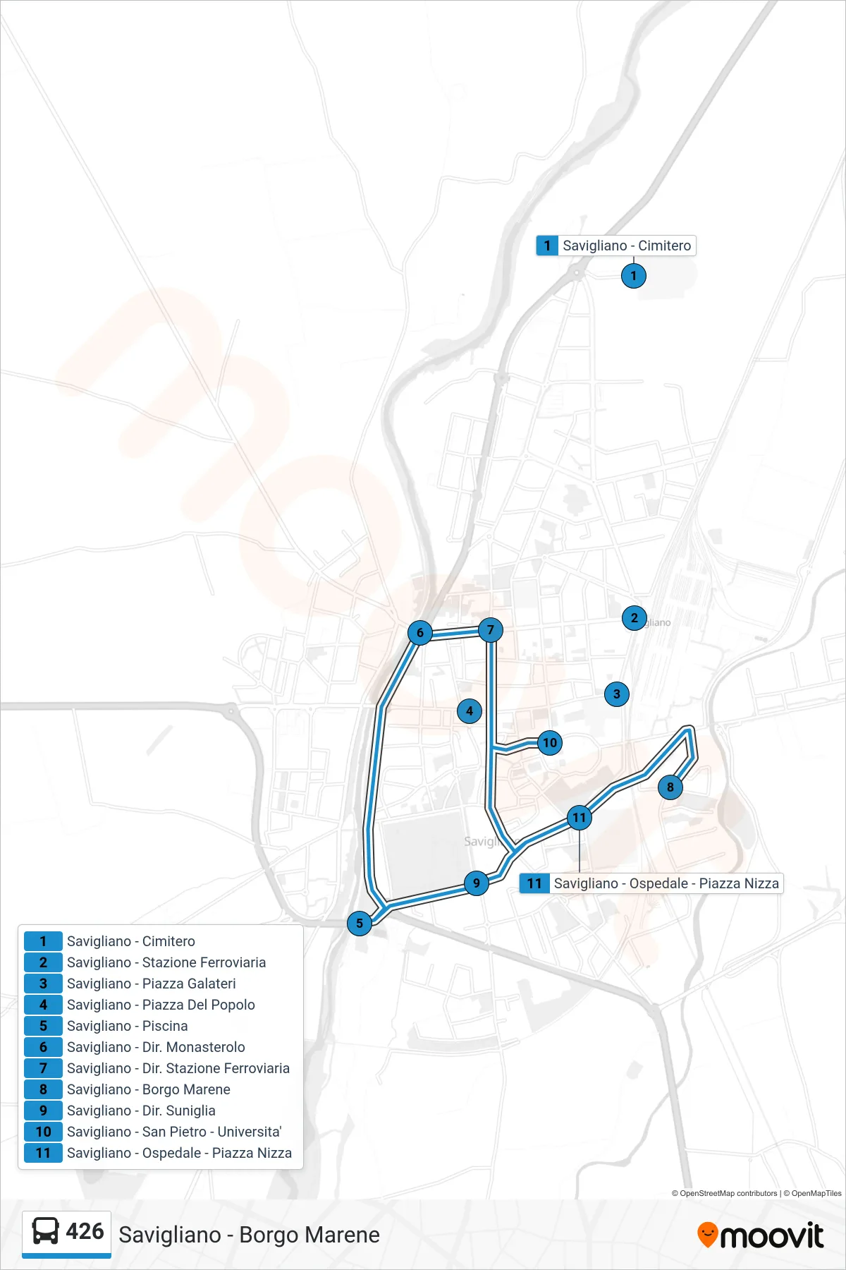 Linea 426 bus (Savigliano - Borgo Marene) - Percorsi e fermate sulla mappa