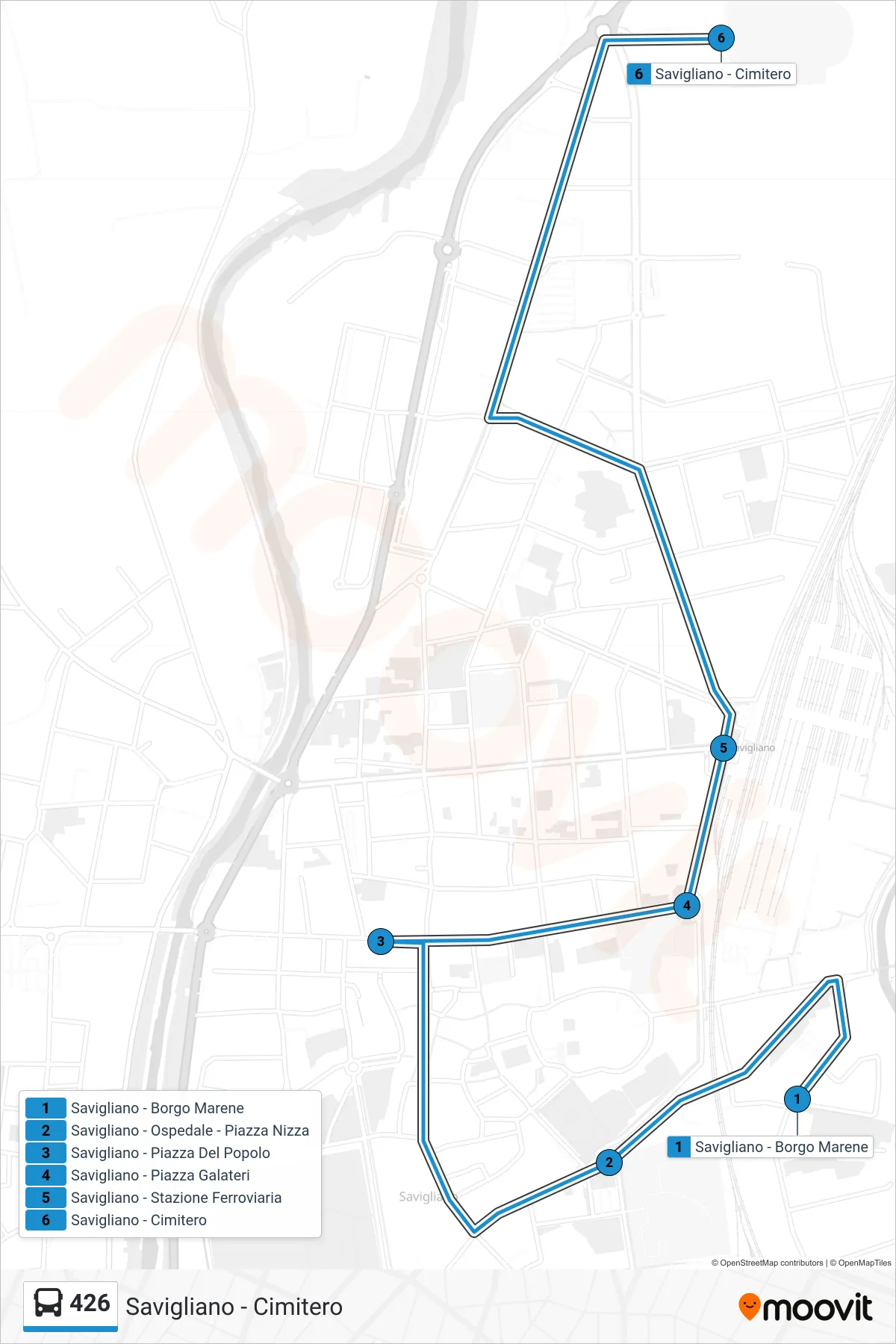 Linea 426  bus (Savigliano - Cimitero) - Percorsi e fermate sulla mappa