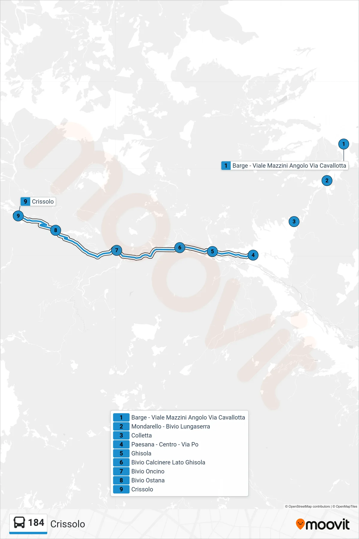 Linea 184  bus (Crissolo) - Percorsi e fermate sulla mappa