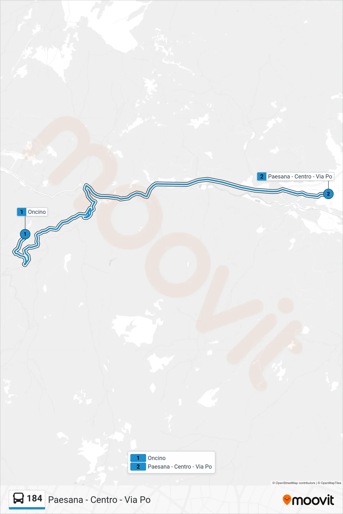 Linea 184  bus (Paesana - Centro - Via Po) - Percorsi e fermate sulla mappa