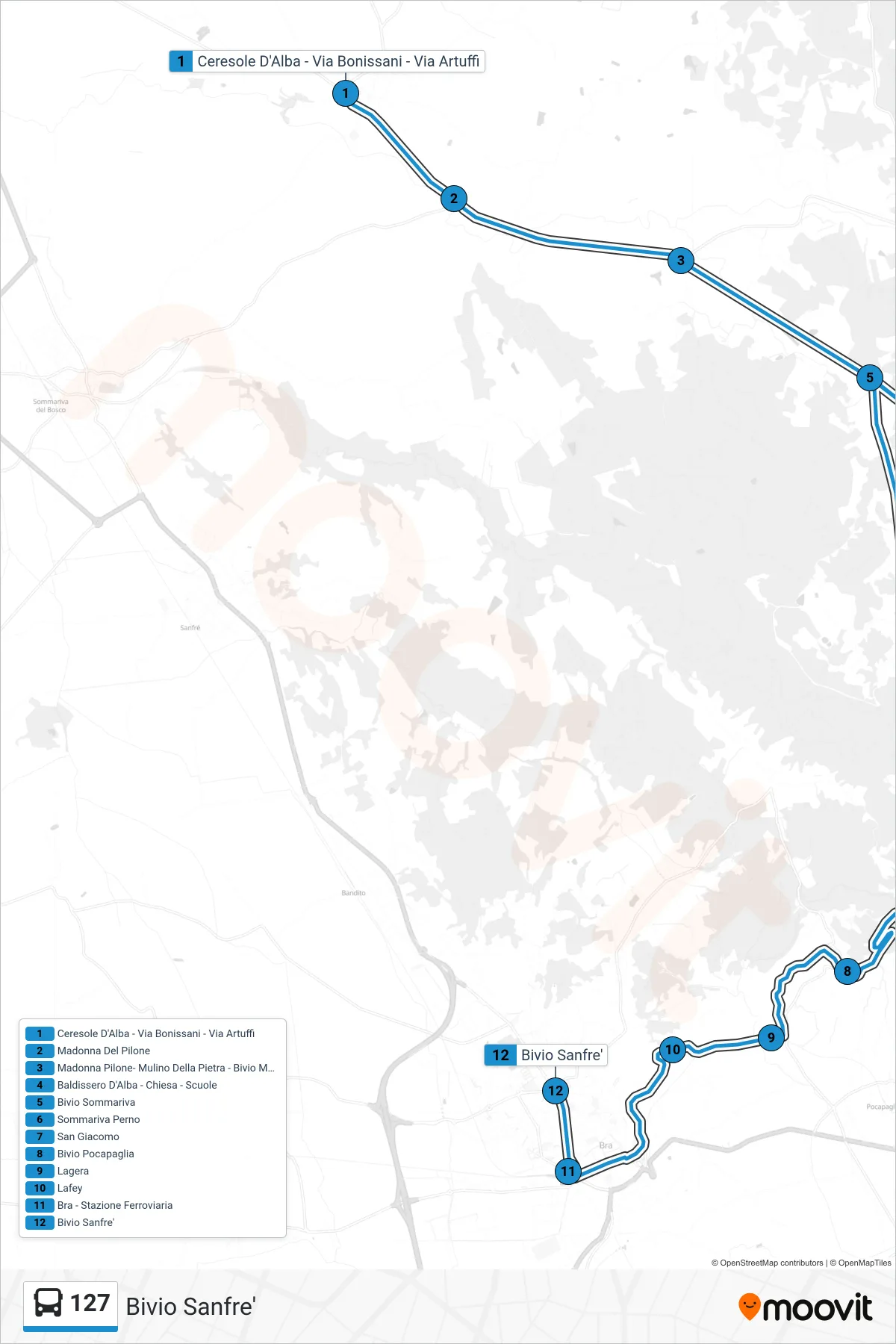 Linea 127 bus (Bivio Sanfre') - Percorsi e fermate sulla mappa