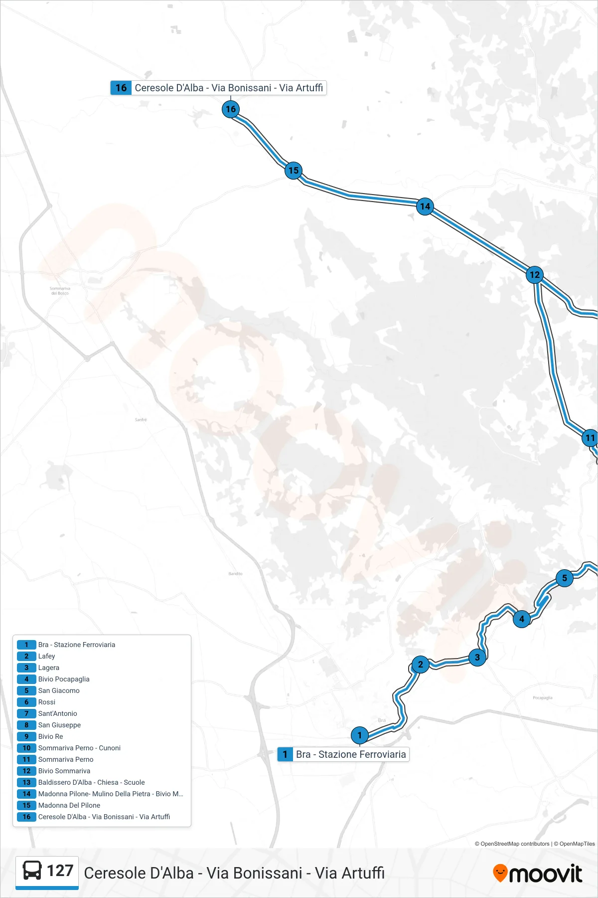 Linea 127 bus (Ceresole D'Alba - Via Bonissani - Via Artuffi) - Percorsi e fermate sulla mappa