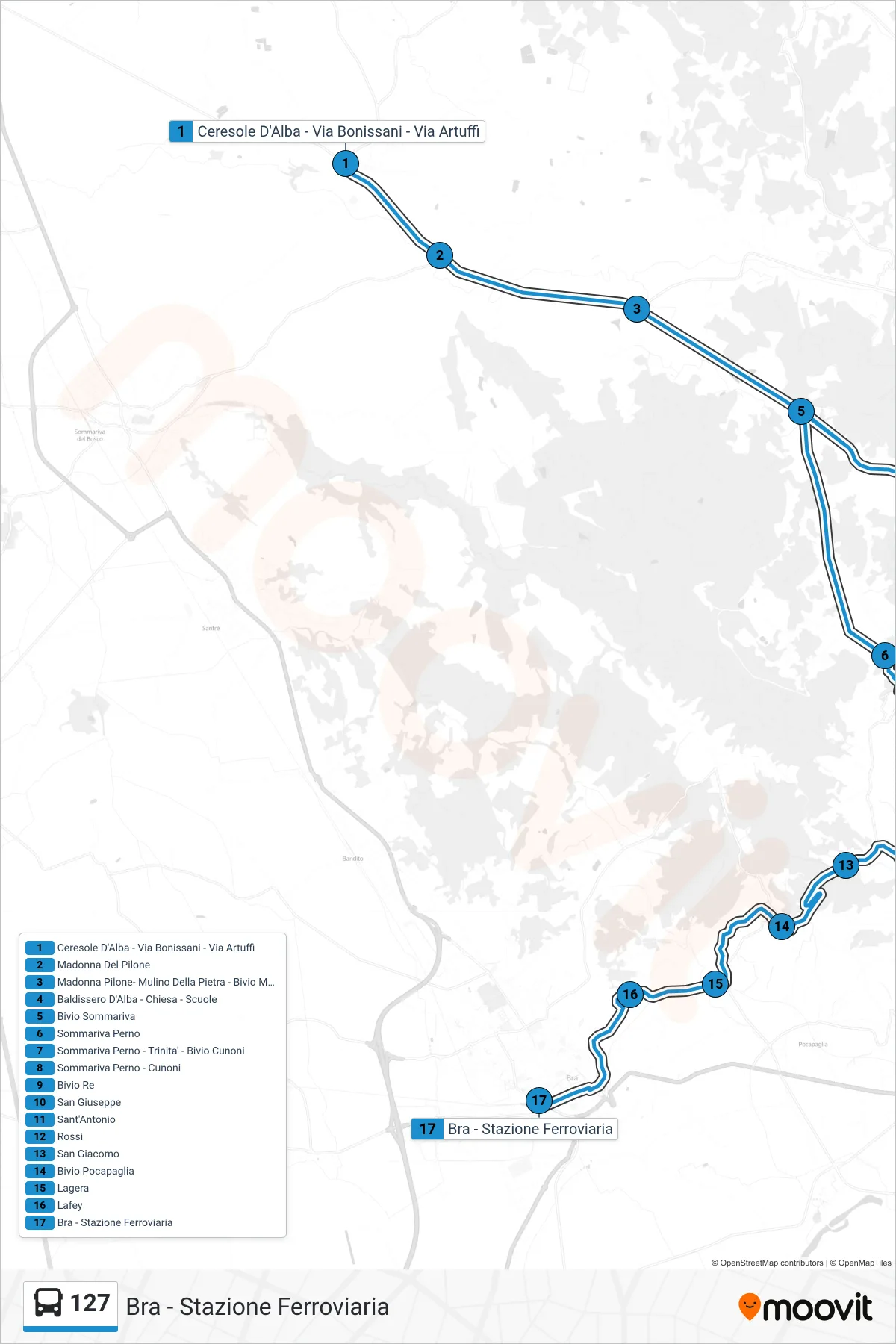Linea 127 bus (Bra - Stazione Ferroviaria) - Percorsi e fermate sulla mappa