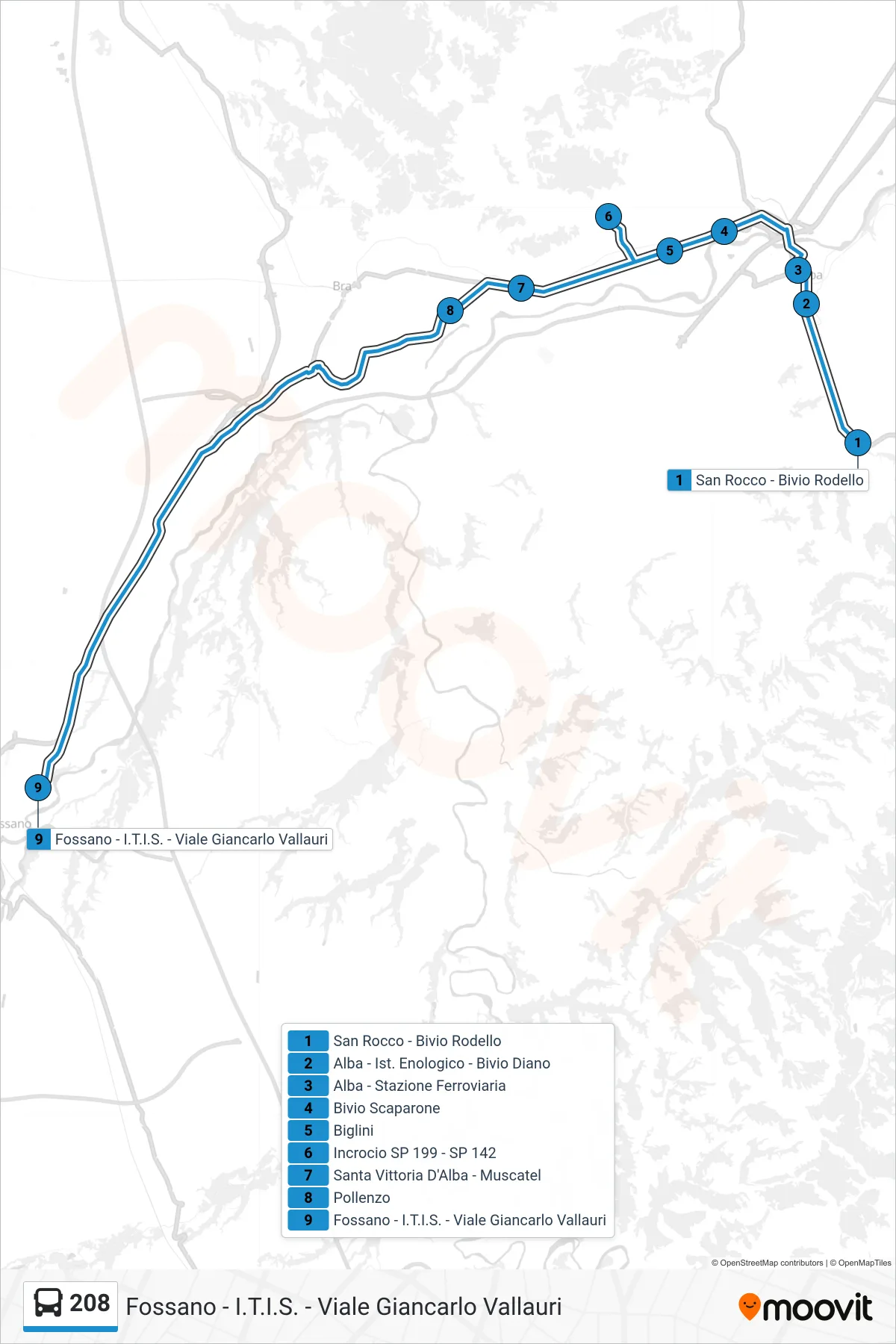 Linea 208 bus (Fossano - I.T.I.S. - Viale Giancarlo Vallauri) - Percorsi e fermate sulla mappa