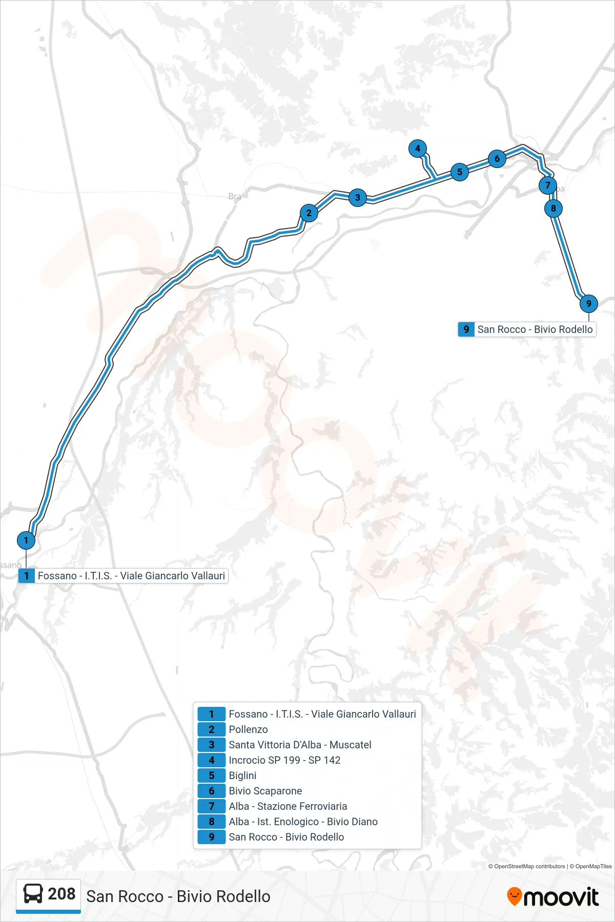 Linea 208 bus (San Rocco - Bivio Rodello) - Percorsi e fermate sulla mappa