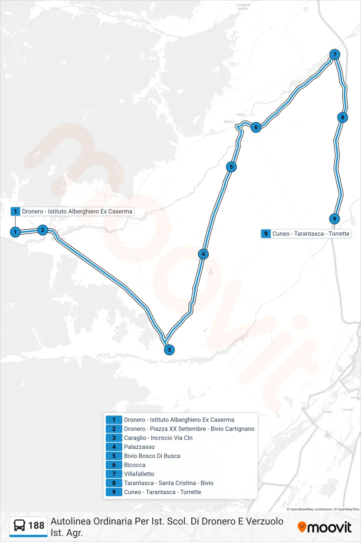 Linea 188 bus (Cuneo - Tarantasca - Torrette) - Percorsi e fermate sulla mappa