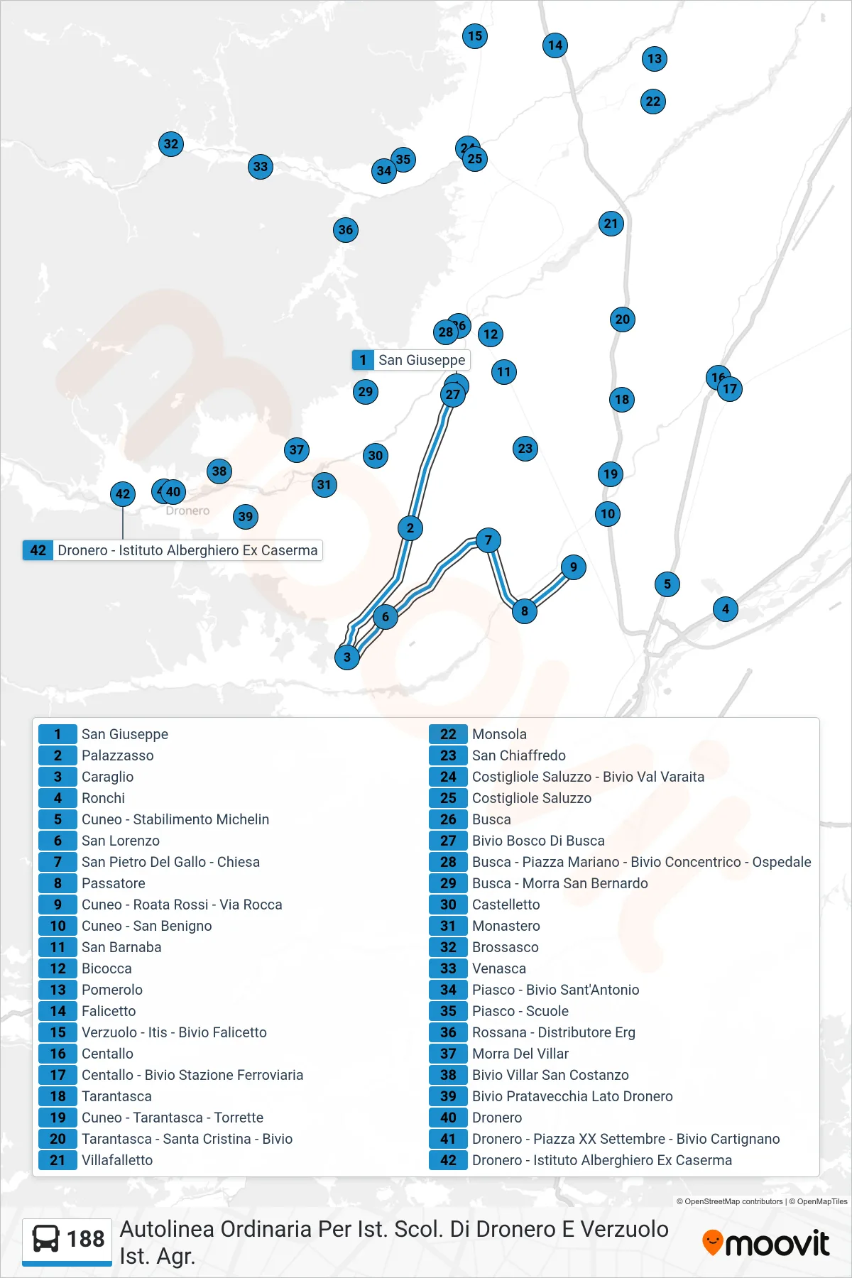 Linea 188 bus (Dronero - Istituto Alberghiero Ex Caserma) - Percorsi e fermate sulla mappa