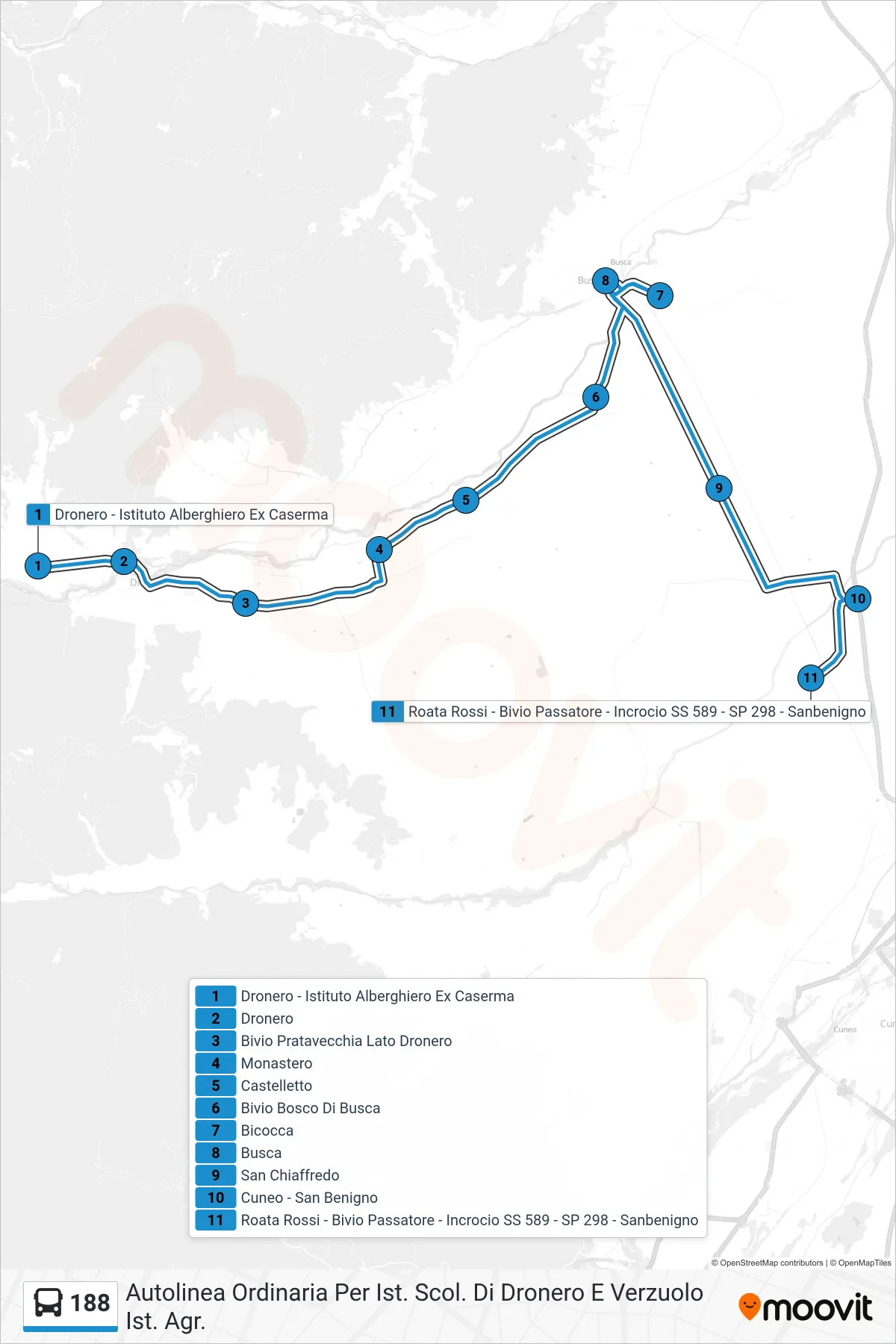 Linea 188  bus (Roata Rossi - Bivio Passatore - Incrocio SS 589 - SP 298 - Sanbenigno) - Percorsi e fermate sulla mappa