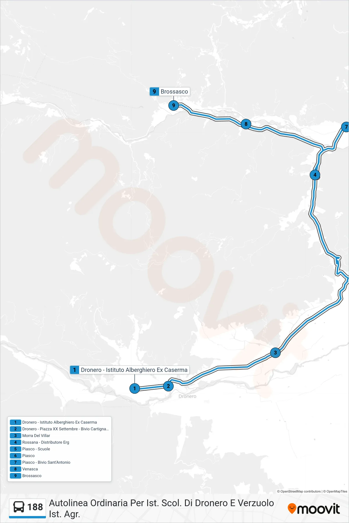 Linea 188  bus (Brossasco) - Percorsi e fermate sulla mappa
