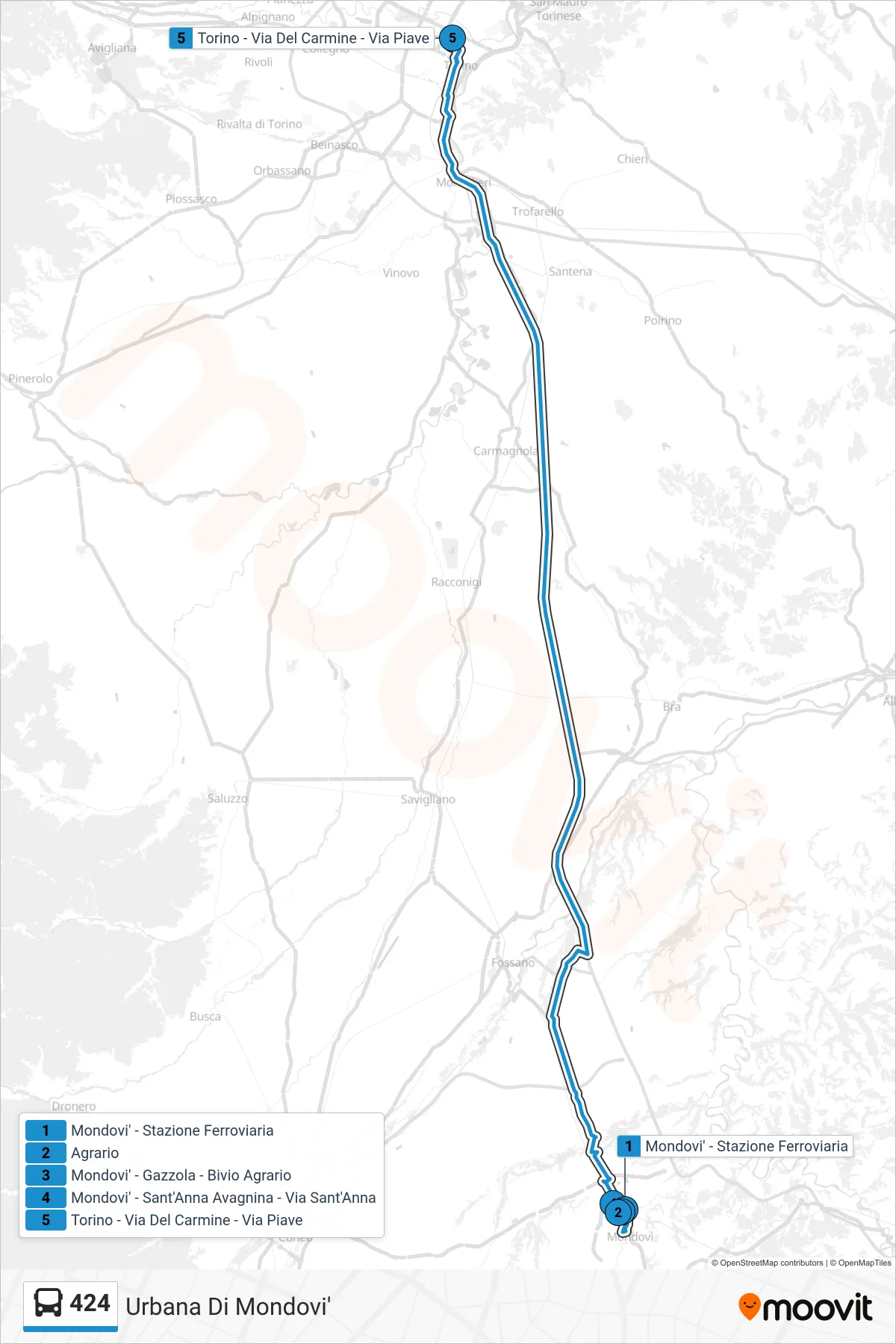 Linea 424 bus (Torino - Via Del Carmine - Via Piave) - Percorsi e fermate sulla mappa