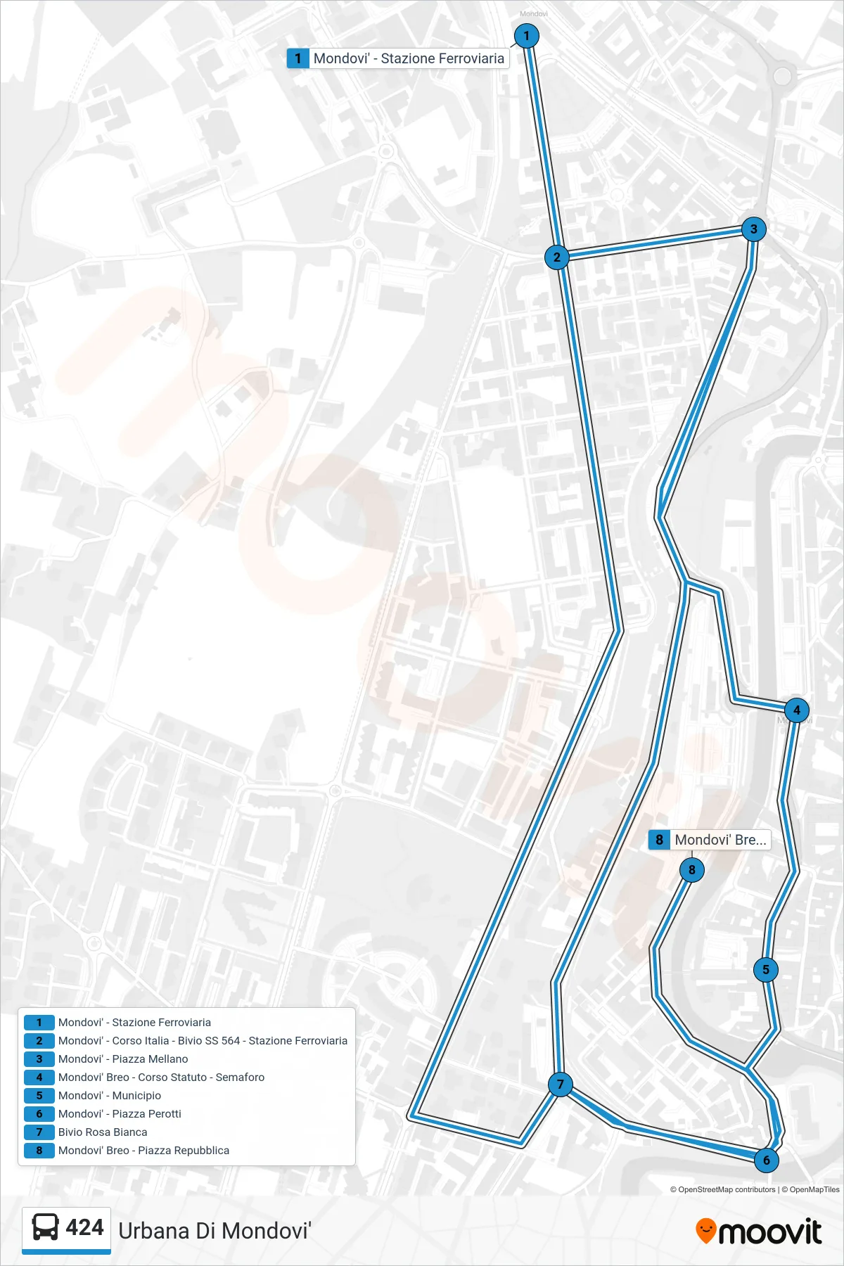 Linea 424 bus (Mondovi' Breo - Piazza Repubblica) - Percorsi e fermate sulla mappa