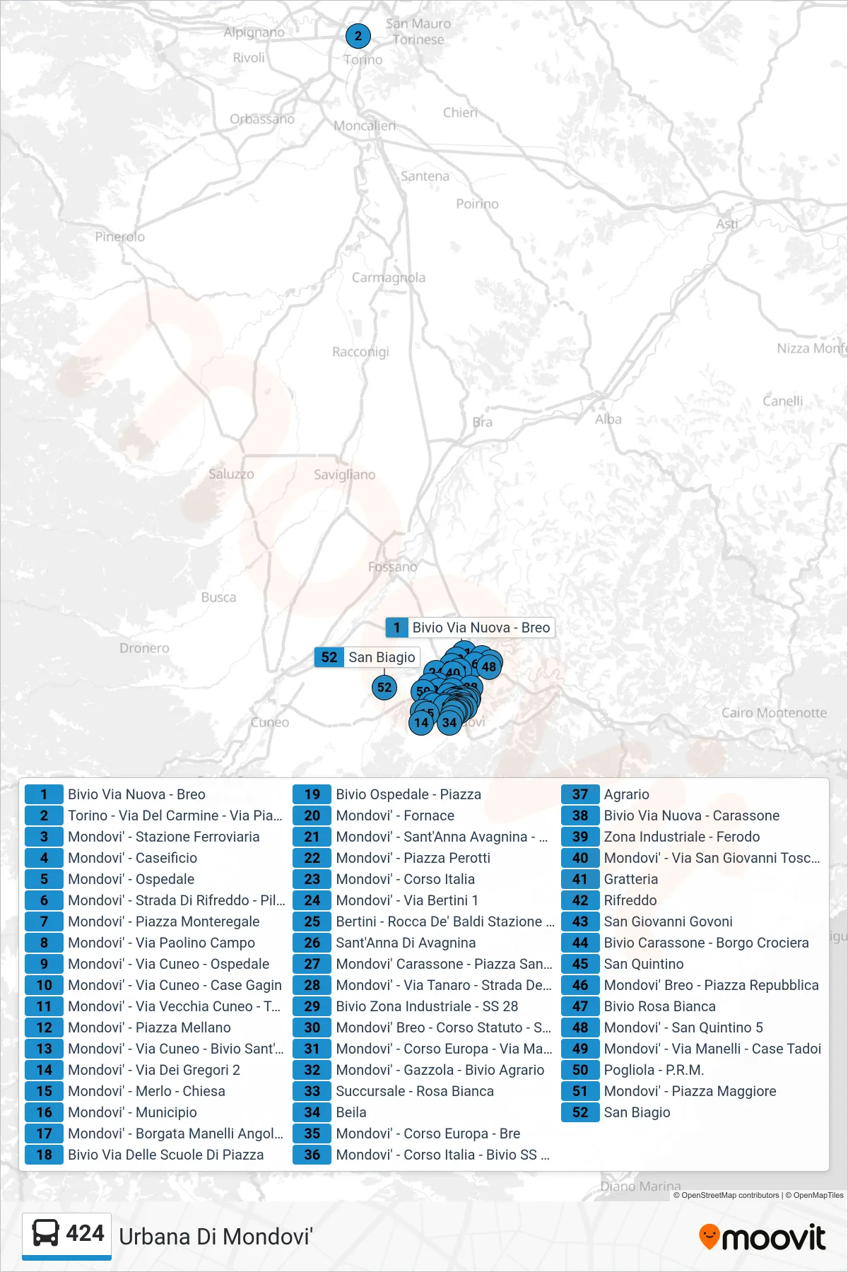 Linea 424  bus (Bivio Zona Industriale - SS 28) - Percorsi e fermate sulla mappa