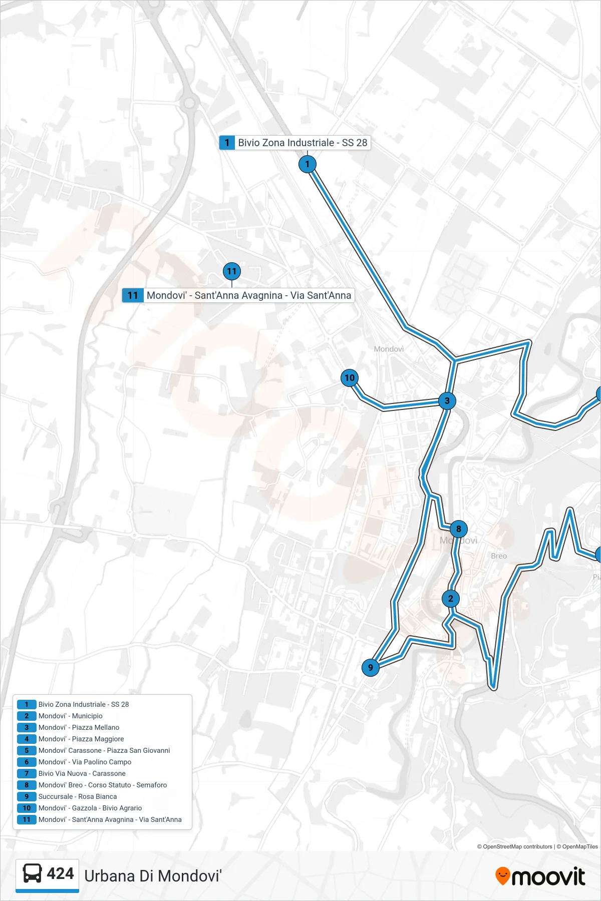 Linea 424  bus (Mondovi' - Gazzola - Bivio Agrario) - Percorsi e fermate sulla mappa