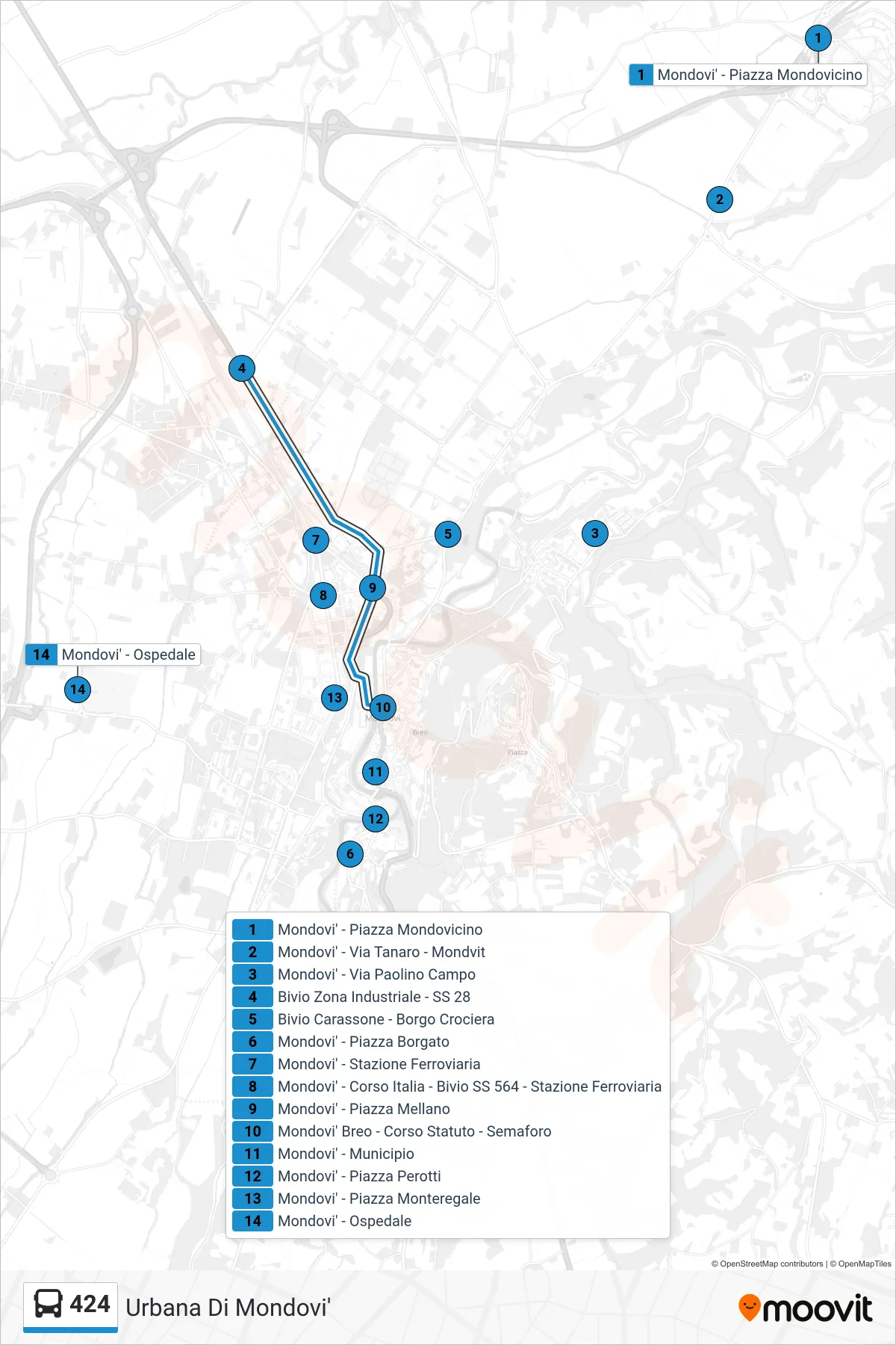 Linea 424 bus (Mondovi' - Ospedale) - Percorsi e fermate sulla mappa