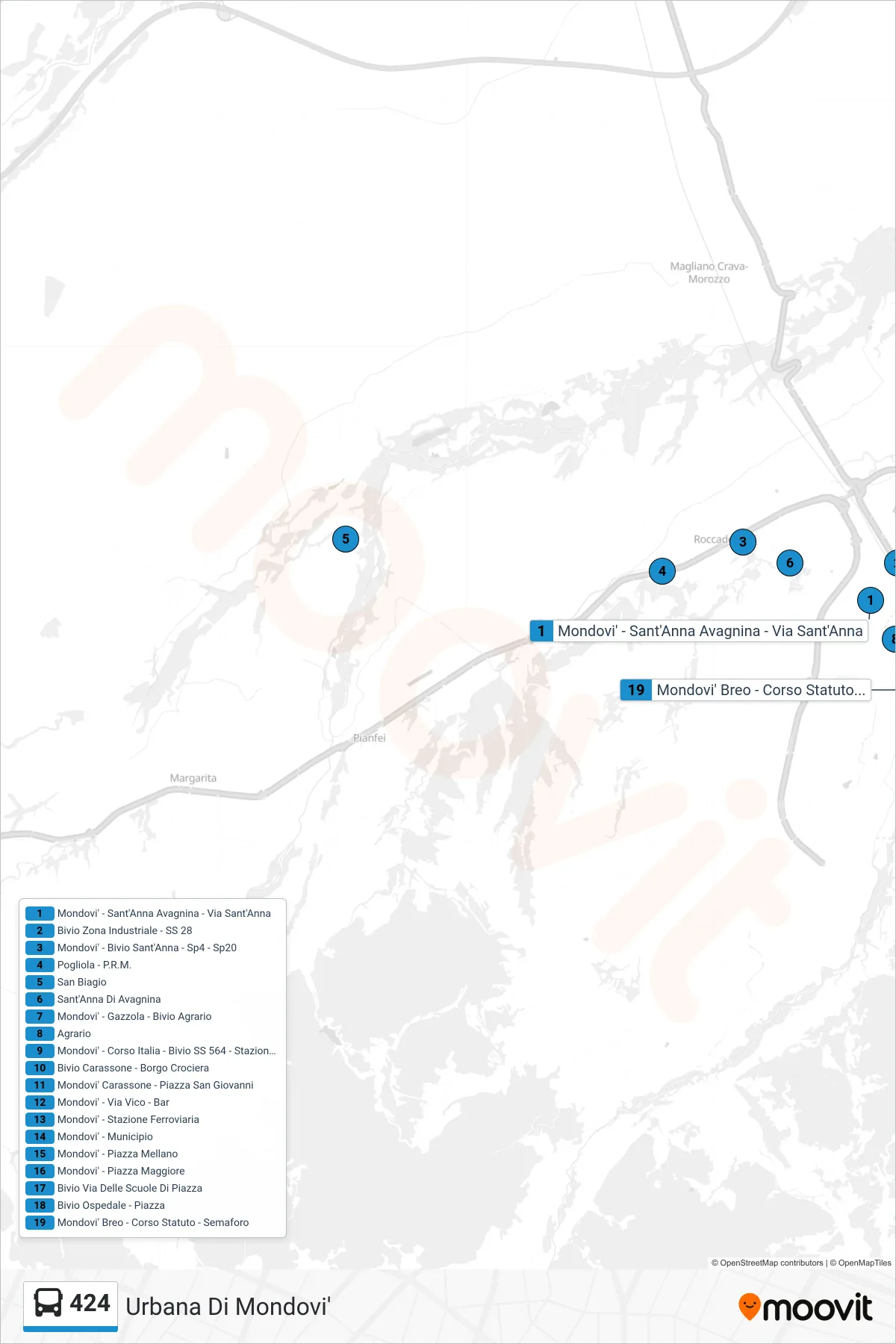 Linea 424 bus (Mondovi' - Stazione Ferroviaria) - Percorsi e fermate sulla mappa